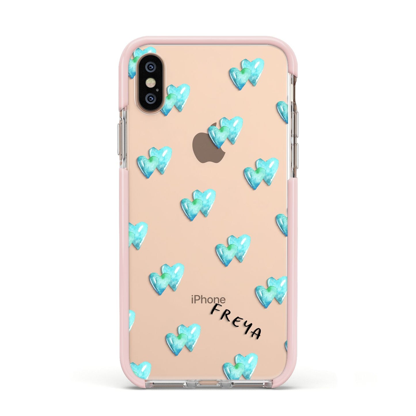 Personalised Blue Hearts Apple iPhone Xs Impact Case Pink Edge on Gold Phone