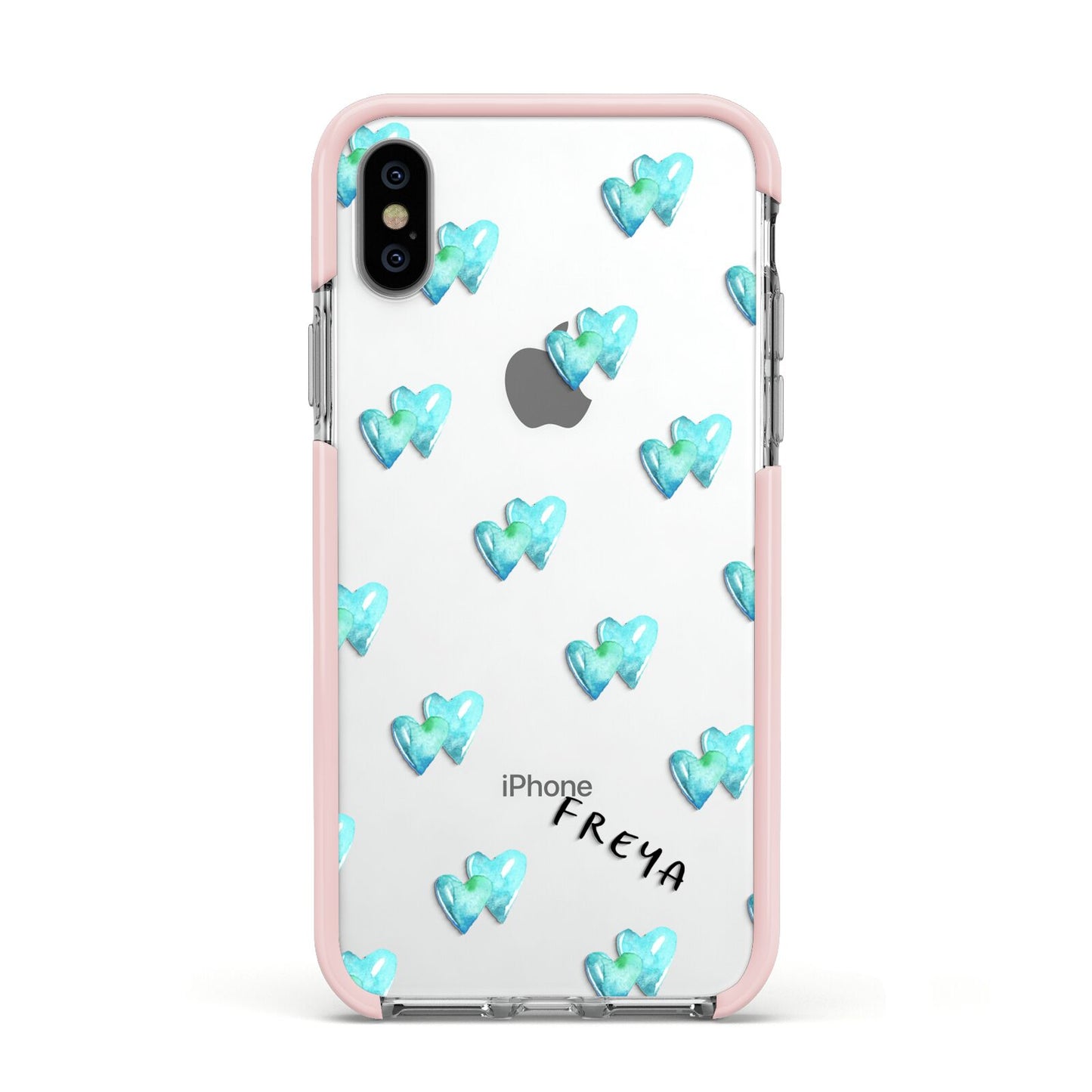 Personalised Blue Hearts Apple iPhone Xs Impact Case Pink Edge on Silver Phone