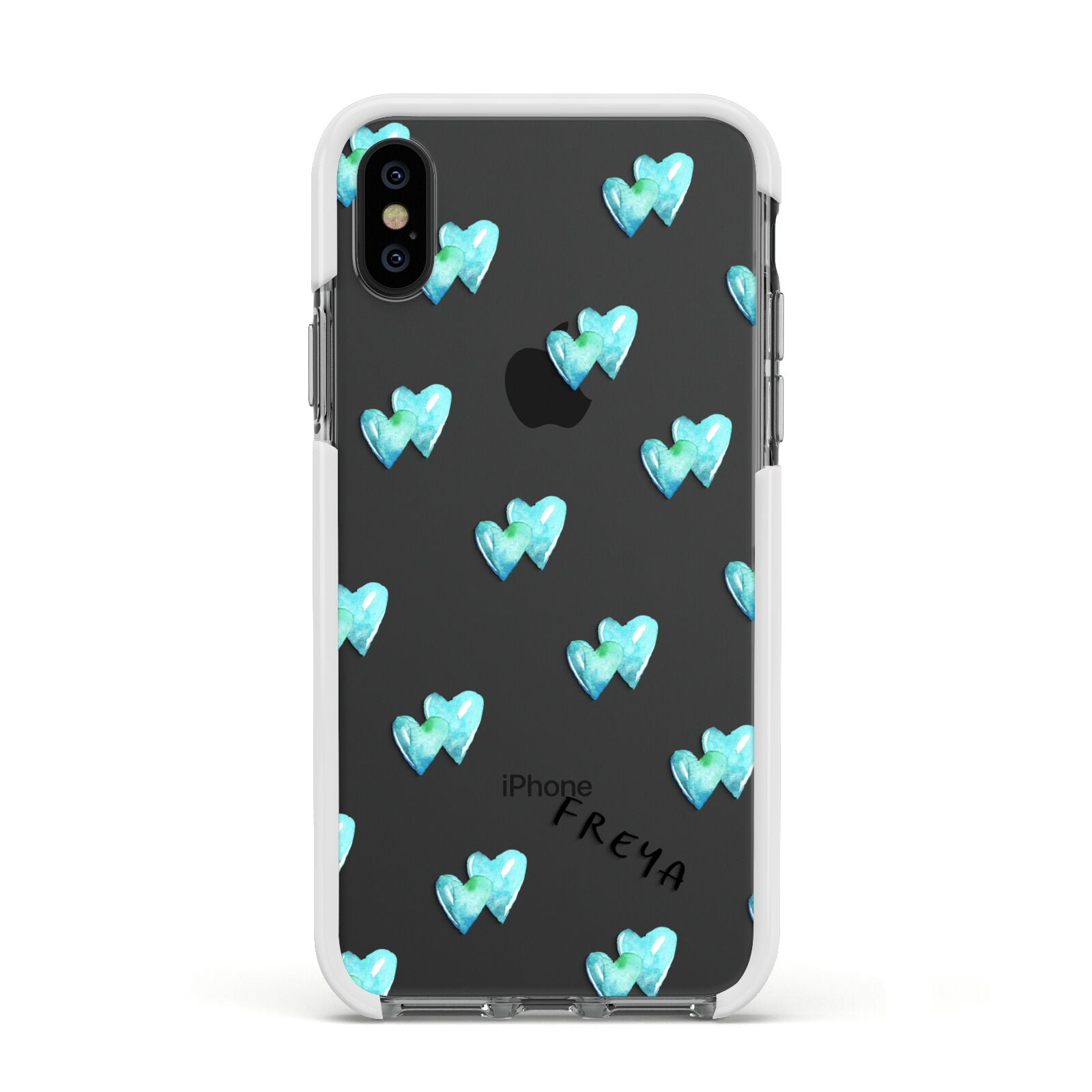 Personalised Blue Hearts Apple iPhone Xs Impact Case White Edge on Black Phone