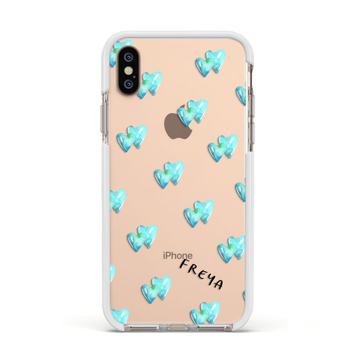 Personalised Blue Hearts Apple iPhone Xs Impact Case White Edge on Gold Phone