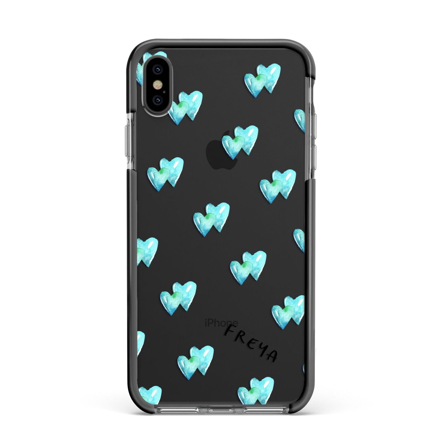 Personalised Blue Hearts Apple iPhone Xs Max Impact Case Black Edge on Black Phone