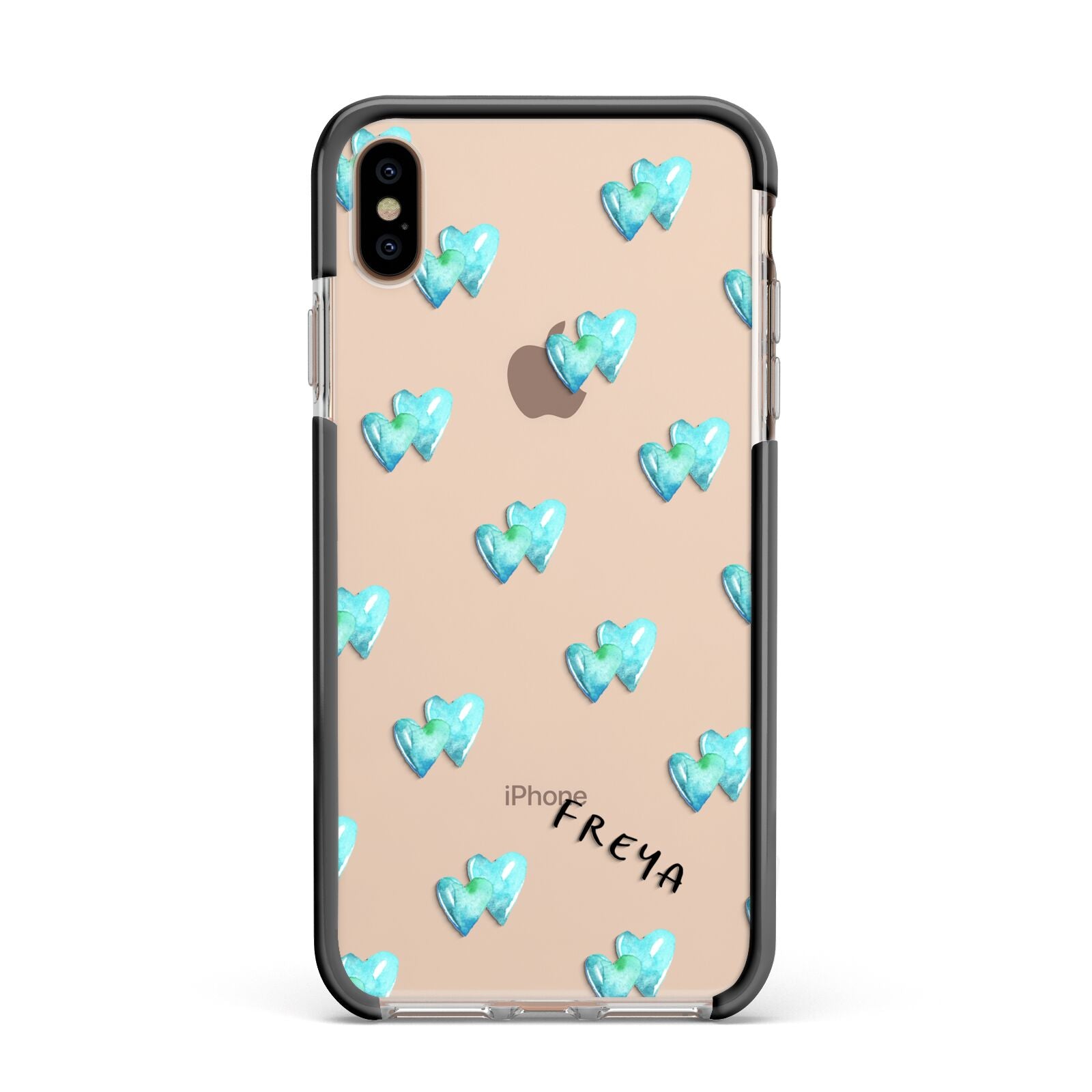 Personalised Blue Hearts Apple iPhone Xs Max Impact Case Black Edge on Gold Phone