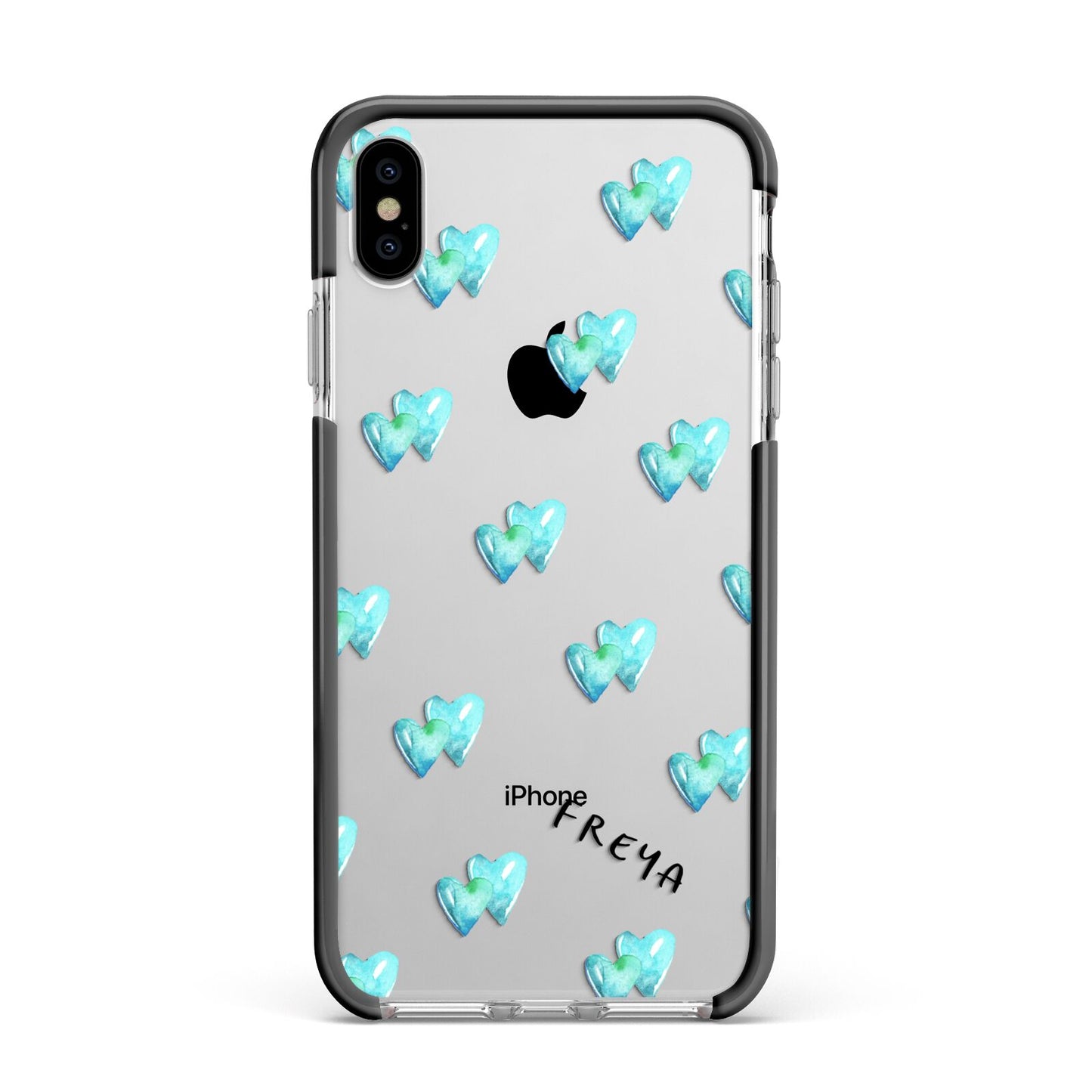 Personalised Blue Hearts Apple iPhone Xs Max Impact Case Black Edge on Silver Phone