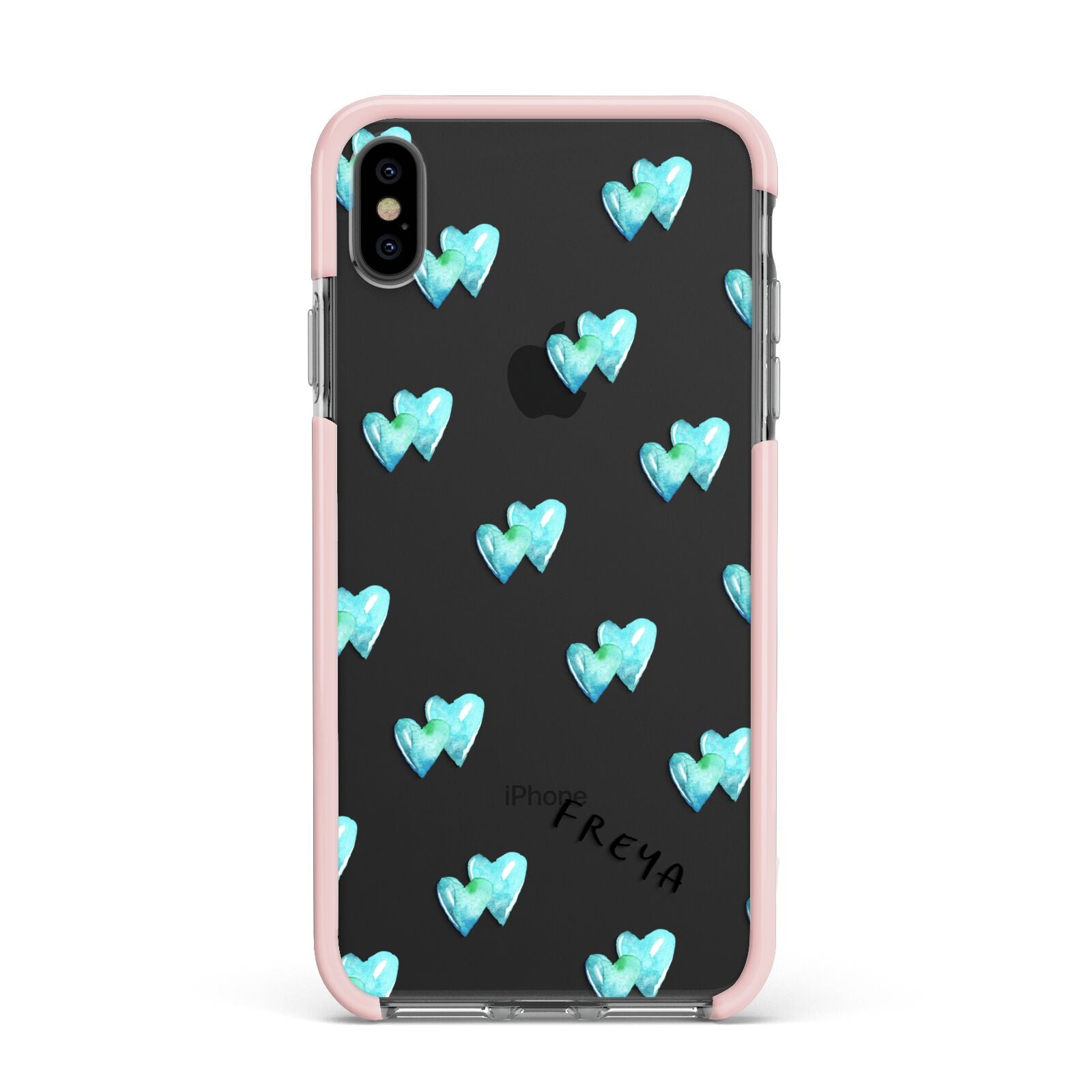 Personalised Blue Hearts Apple iPhone Xs Max Impact Case Pink Edge on Black Phone