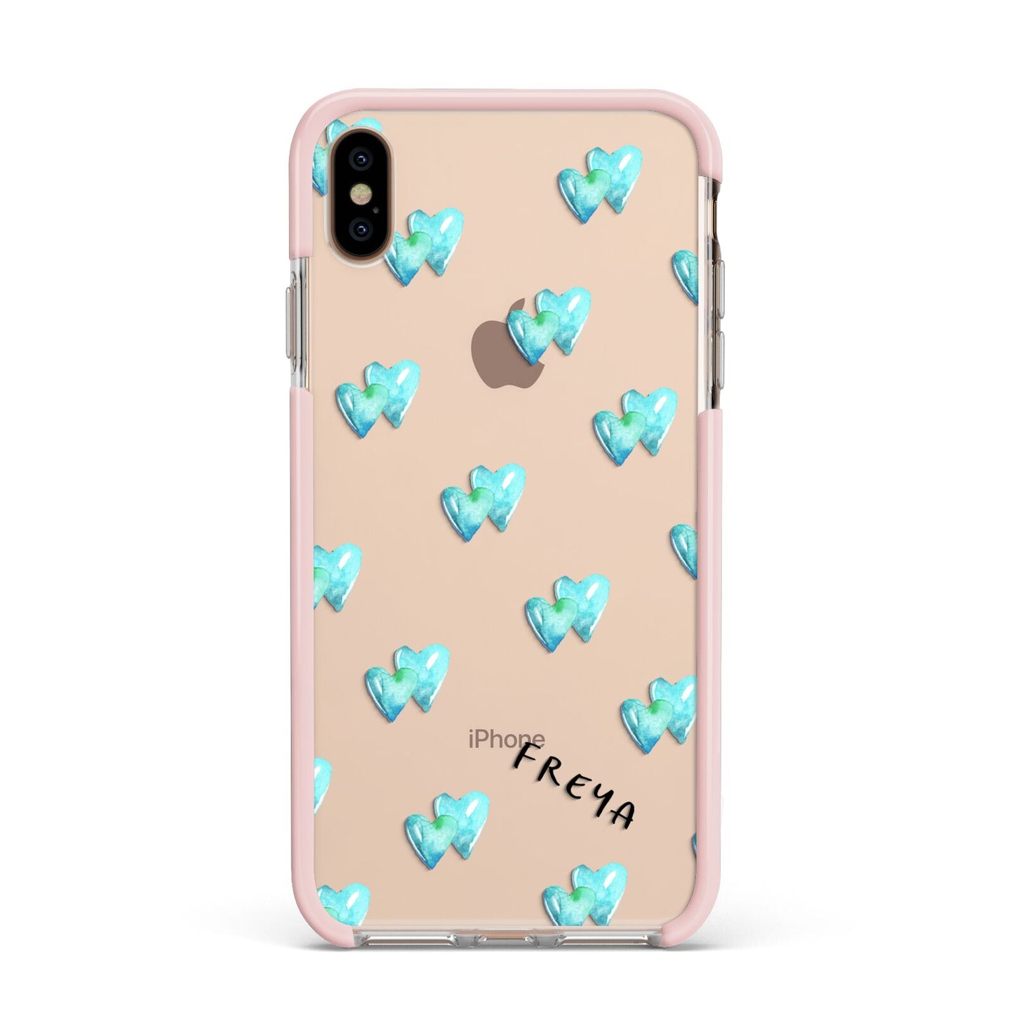 Personalised Blue Hearts Apple iPhone Xs Max Impact Case Pink Edge on Gold Phone