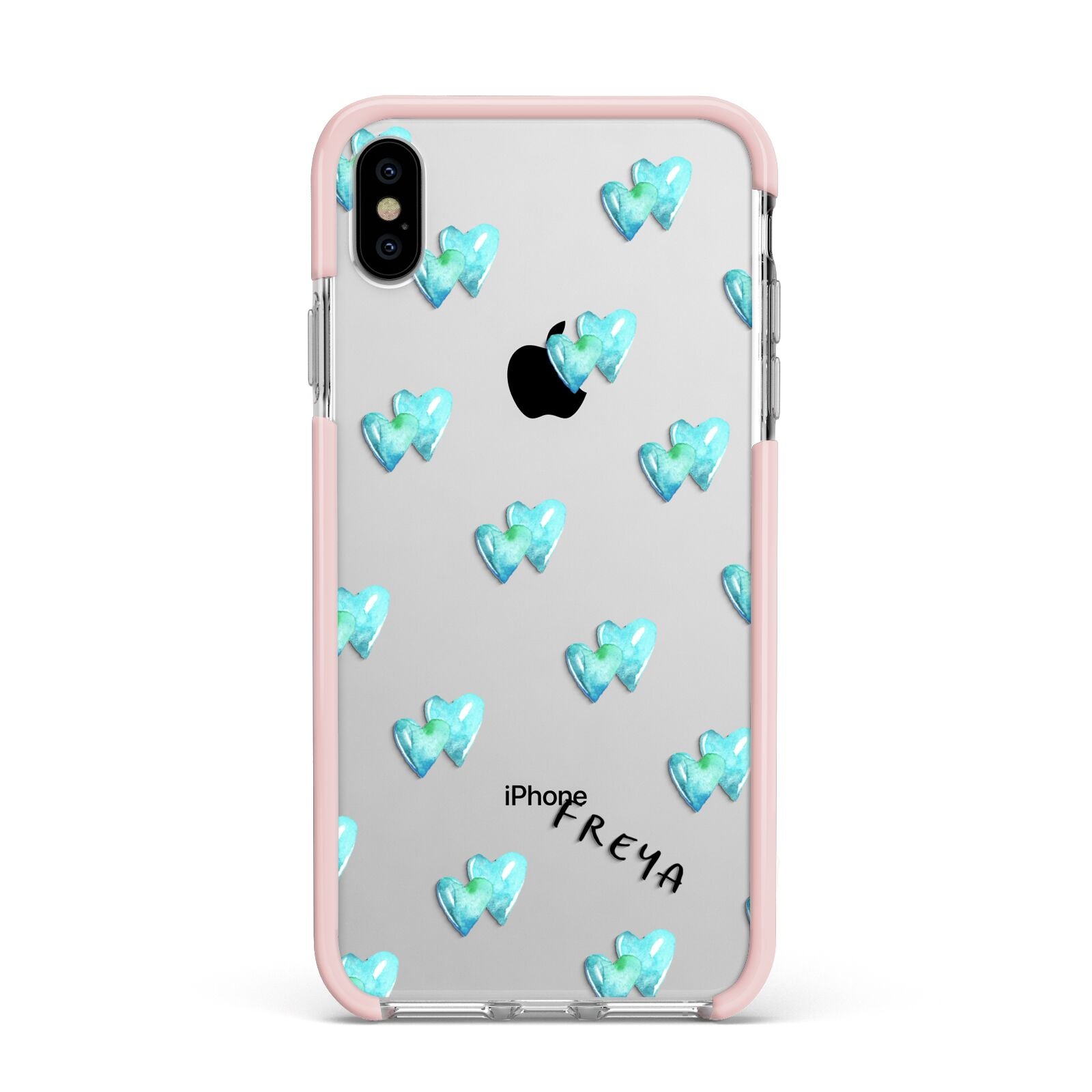 Personalised Blue Hearts Apple iPhone Xs Max Impact Case Pink Edge on Silver Phone