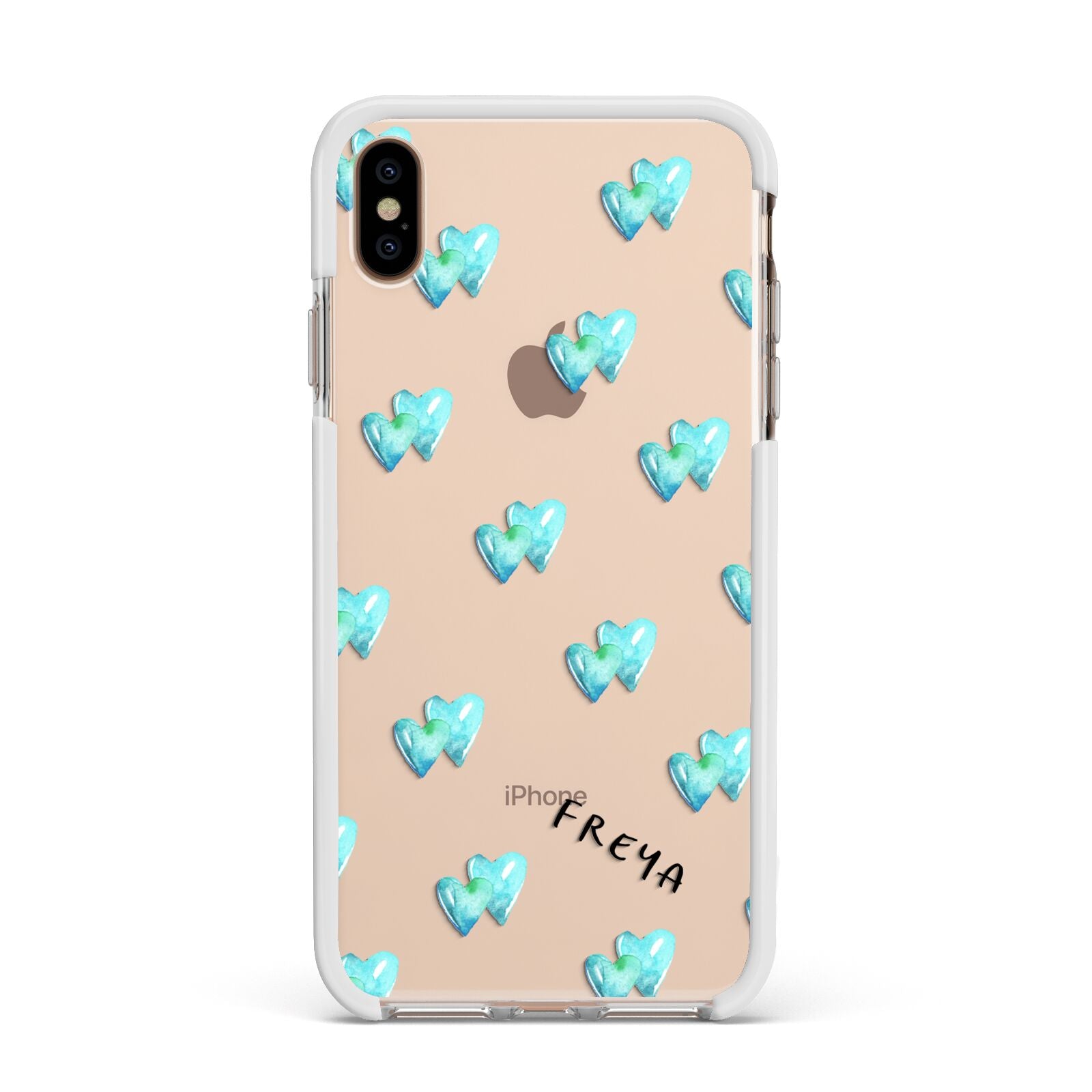 Personalised Blue Hearts Apple iPhone Xs Max Impact Case White Edge on Gold Phone