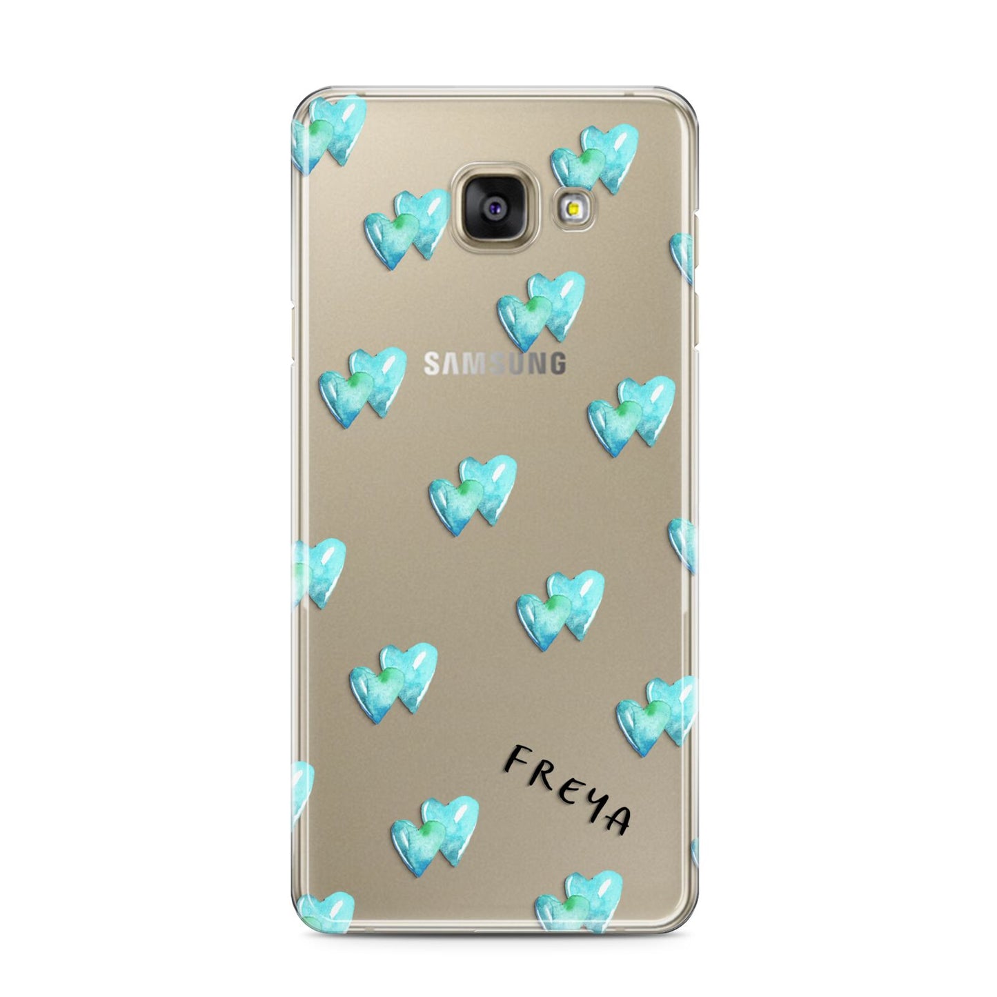 Personalised Blue Hearts Samsung Galaxy A3 2016 Case on gold phone