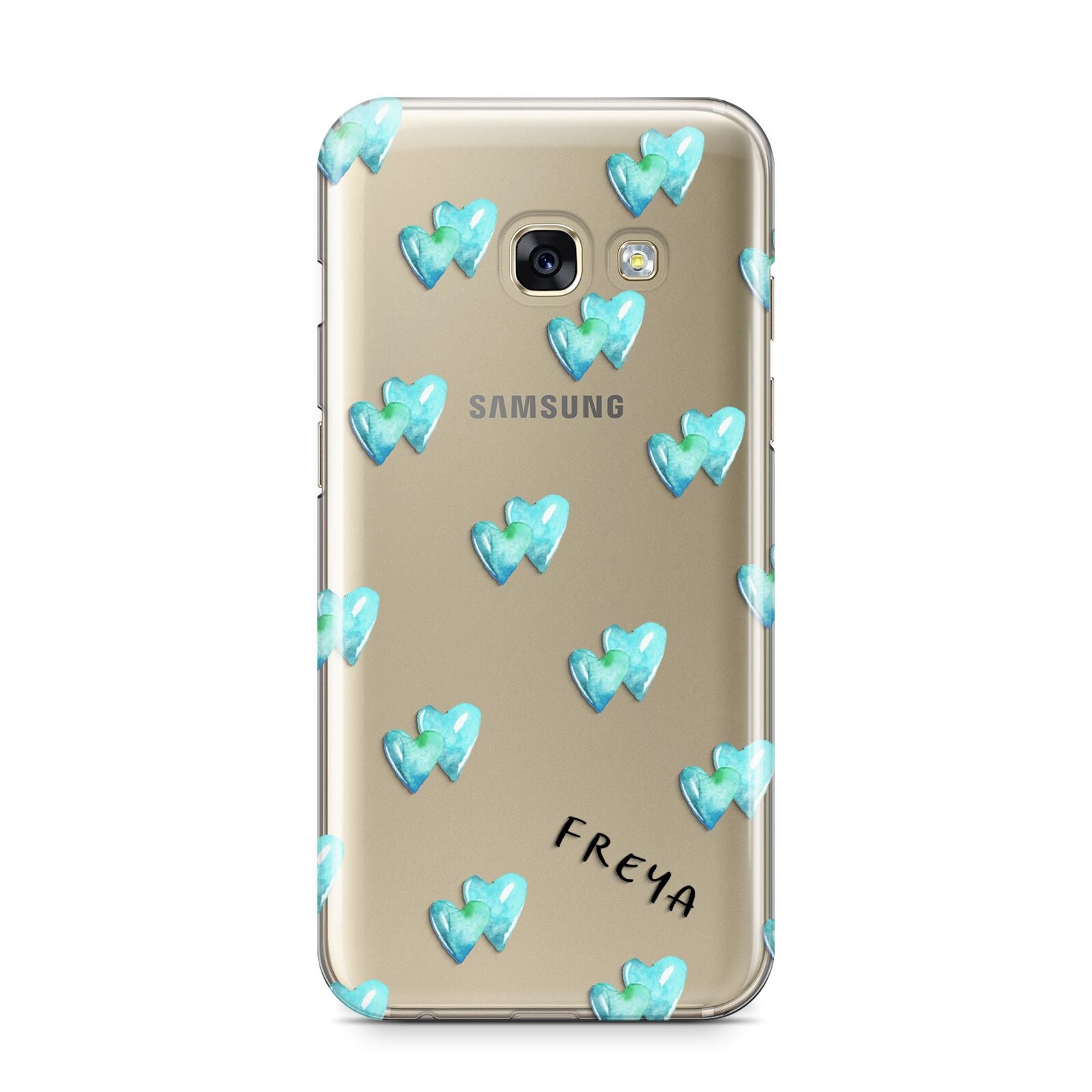 Personalised Blue Hearts Samsung Galaxy A3 2017 Case on gold phone