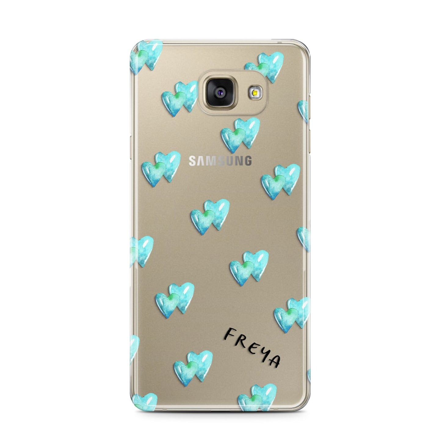 Personalised Blue Hearts Samsung Galaxy A7 2016 Case on gold phone