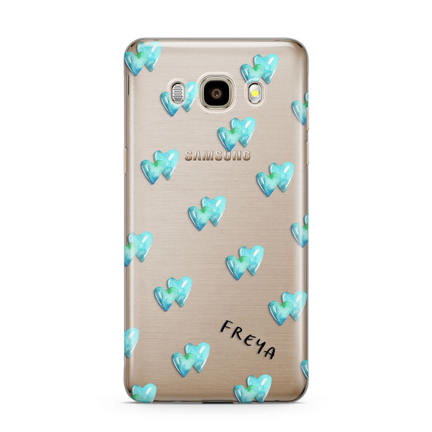 Personalised Blue Hearts Samsung Galaxy J7 2016 Case on gold phone