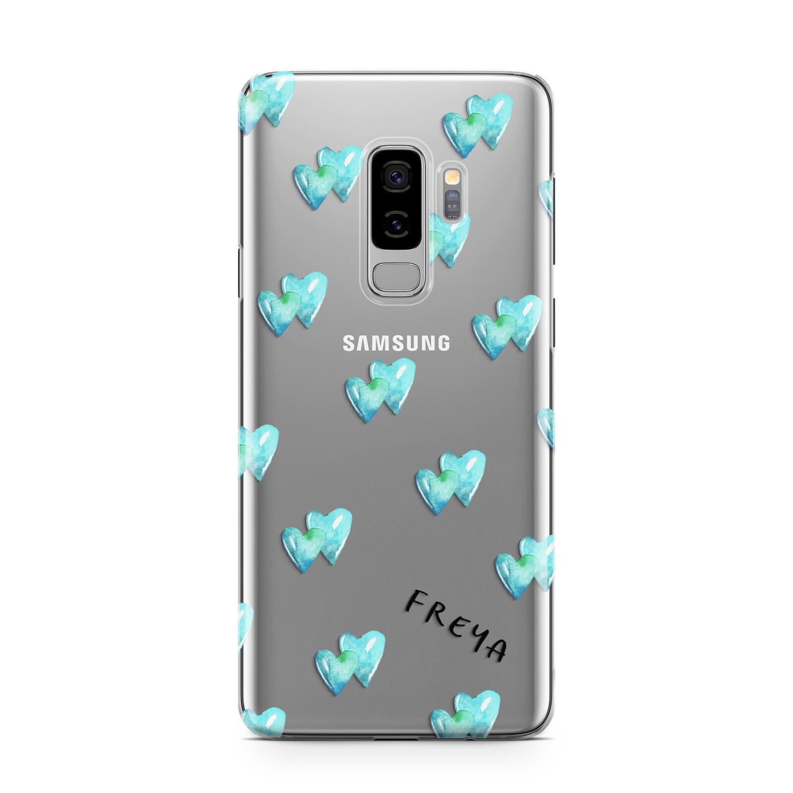 Personalised Blue Hearts Samsung Galaxy S9 Plus Case on Silver phone