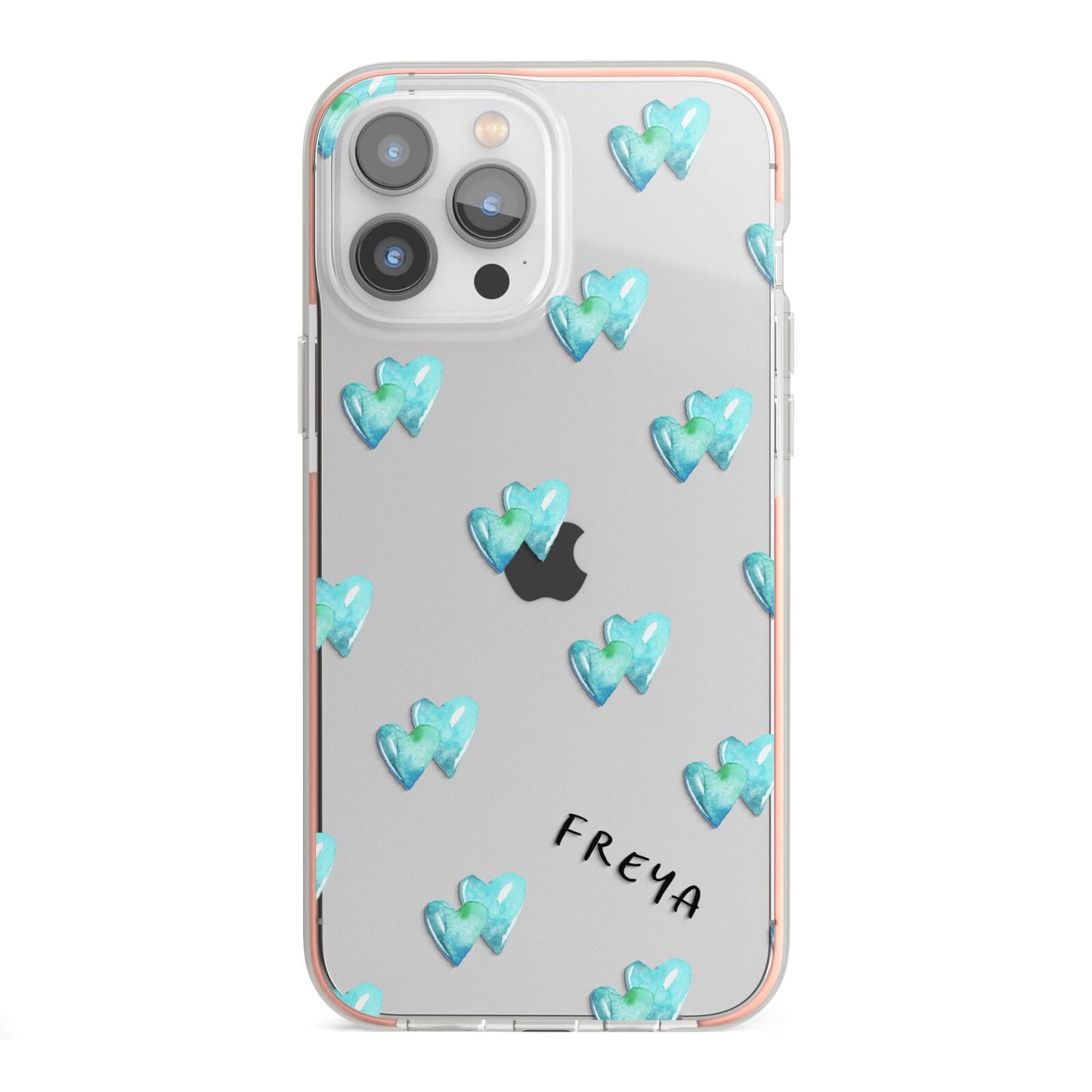 Personalised Blue Hearts iPhone 13 Pro Max TPU Impact Case with Pink Edges