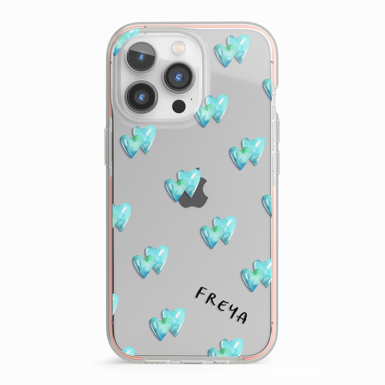 Personalised Blue Hearts iPhone 13 Pro TPU Impact Case with Pink Edges