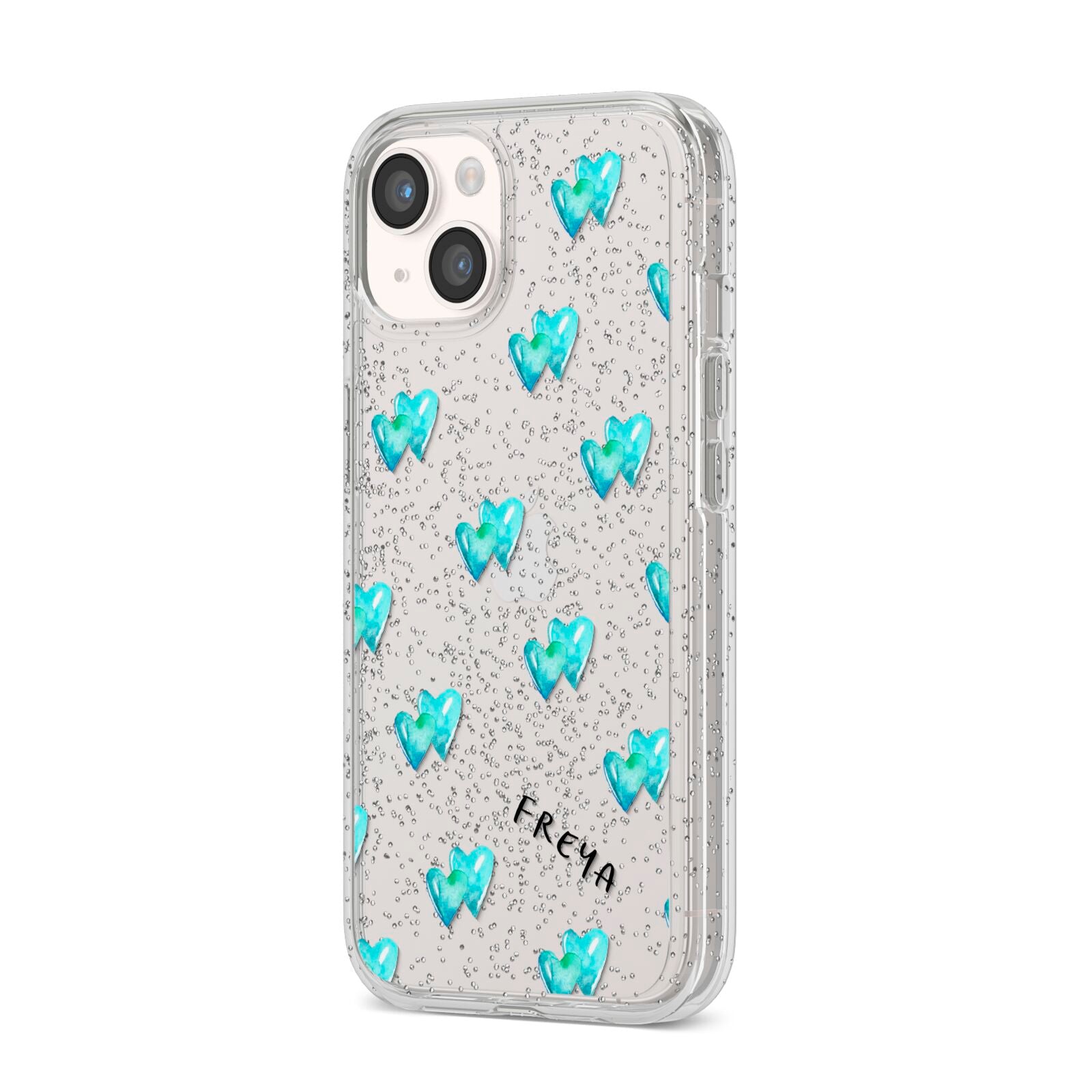 Personalised Blue Hearts iPhone 14 Glitter Tough Case Starlight Angled Image