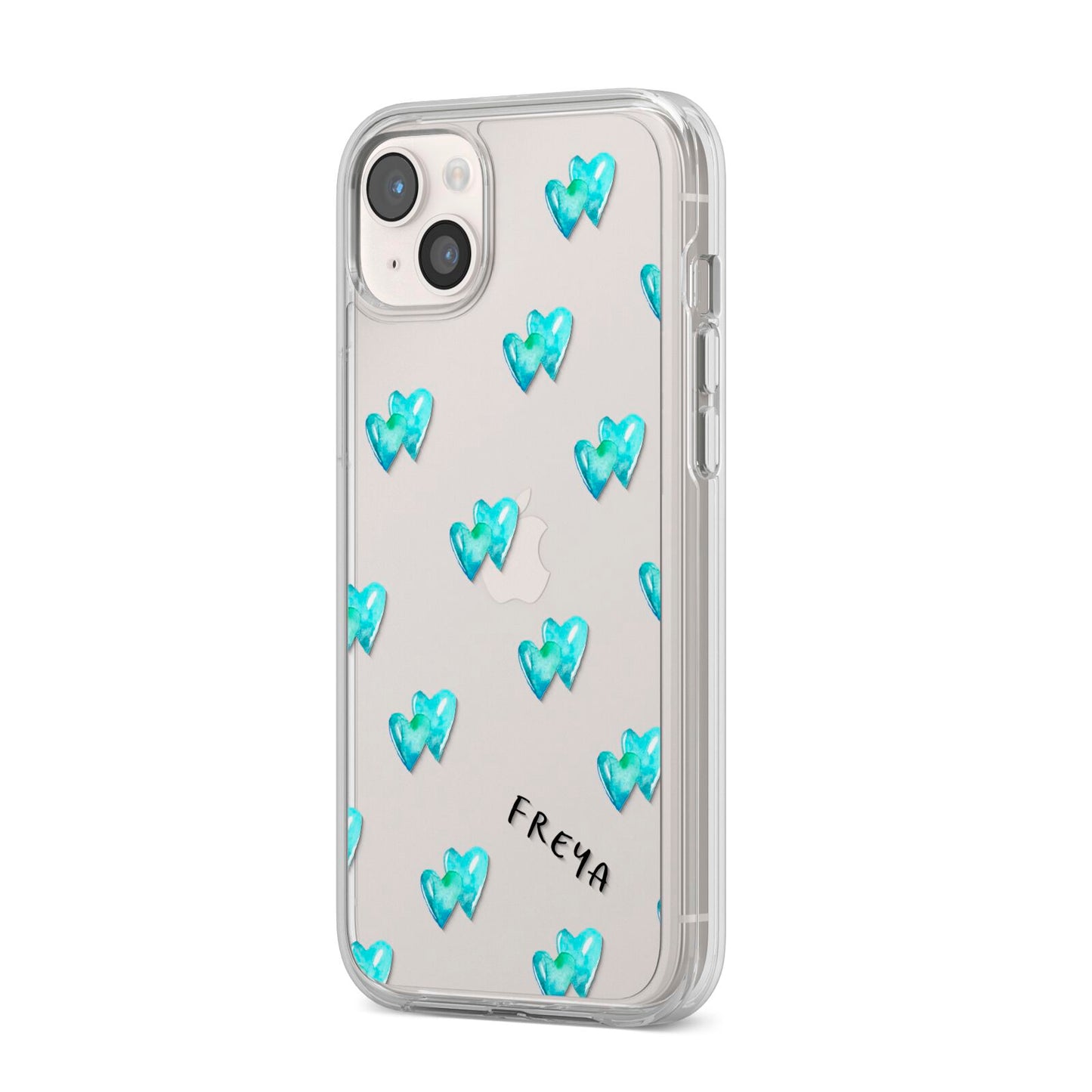 Personalised Blue Hearts iPhone 14 Plus Clear Tough Case Starlight Angled Image