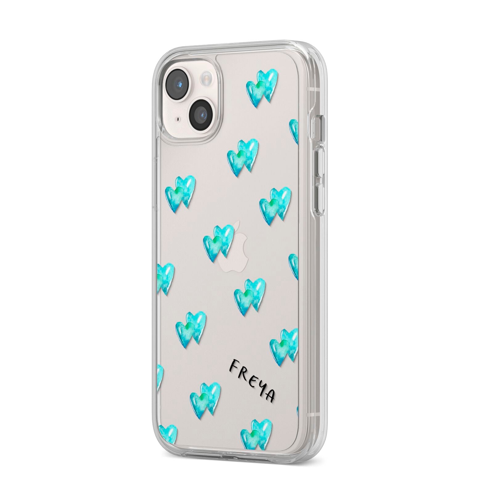 Personalised Blue Hearts iPhone 14 Plus Clear Tough Case Starlight Angled Image