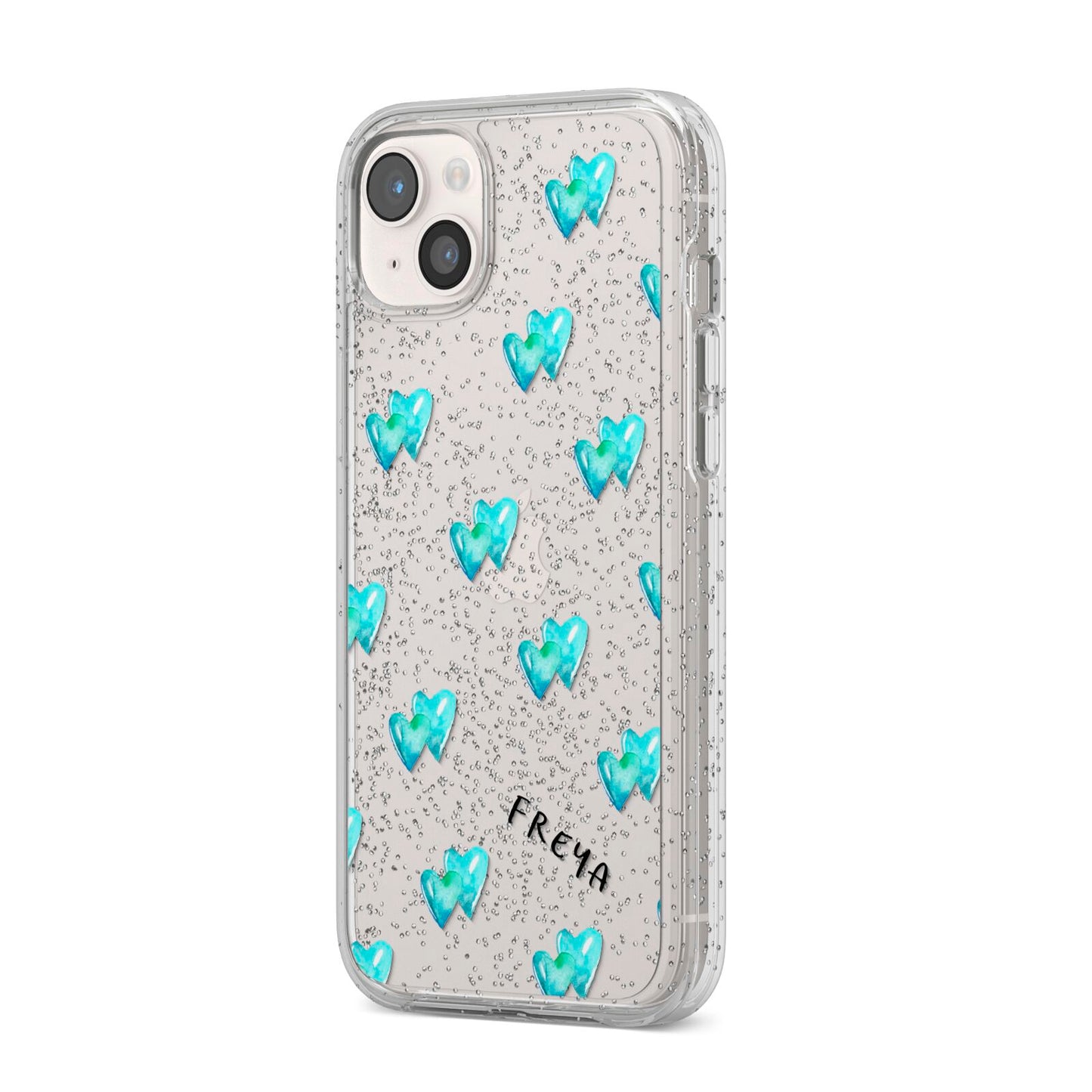 Personalised Blue Hearts iPhone 14 Plus Glitter Tough Case Starlight Angled Image