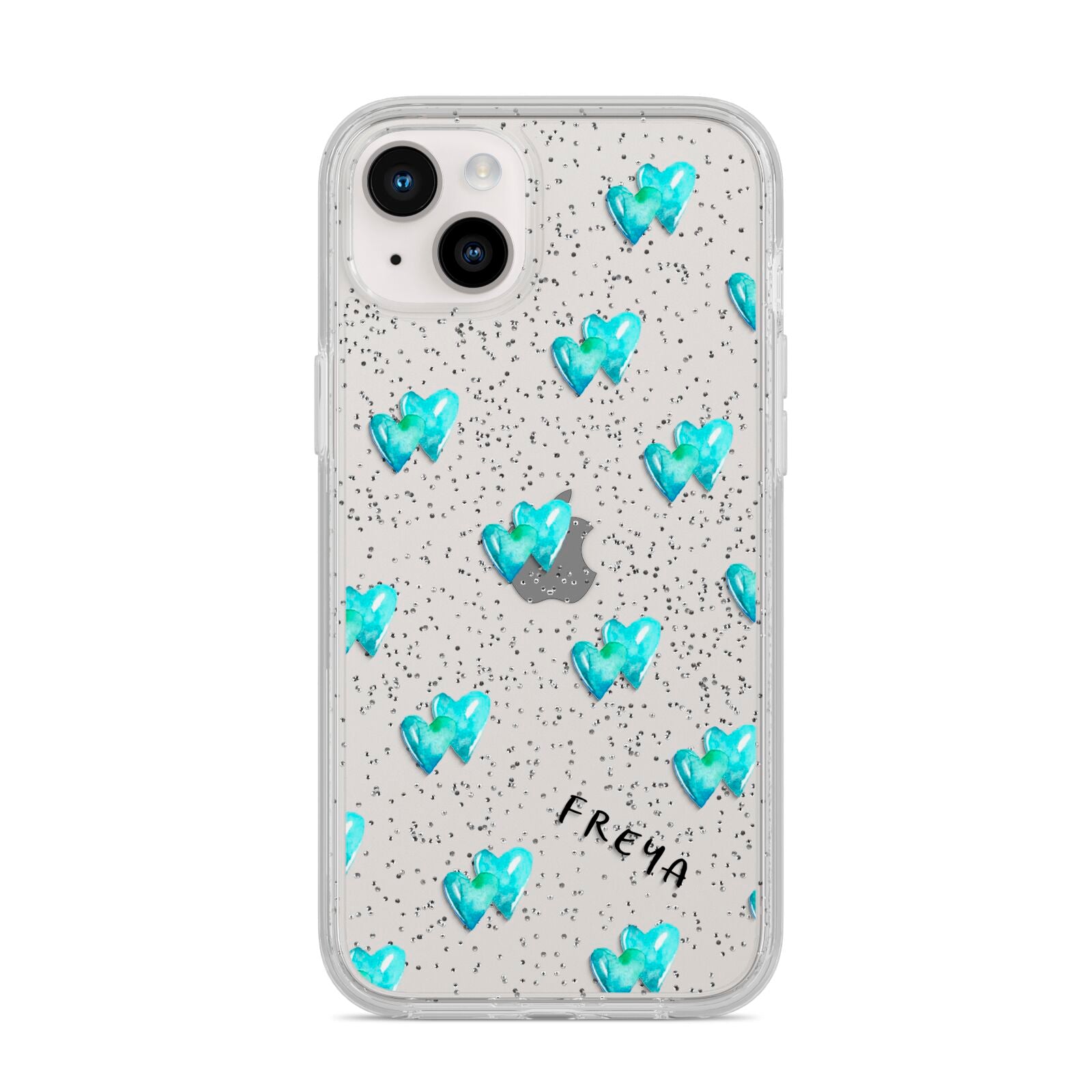 Personalised Blue Hearts iPhone 14 Plus Glitter Tough Case Starlight