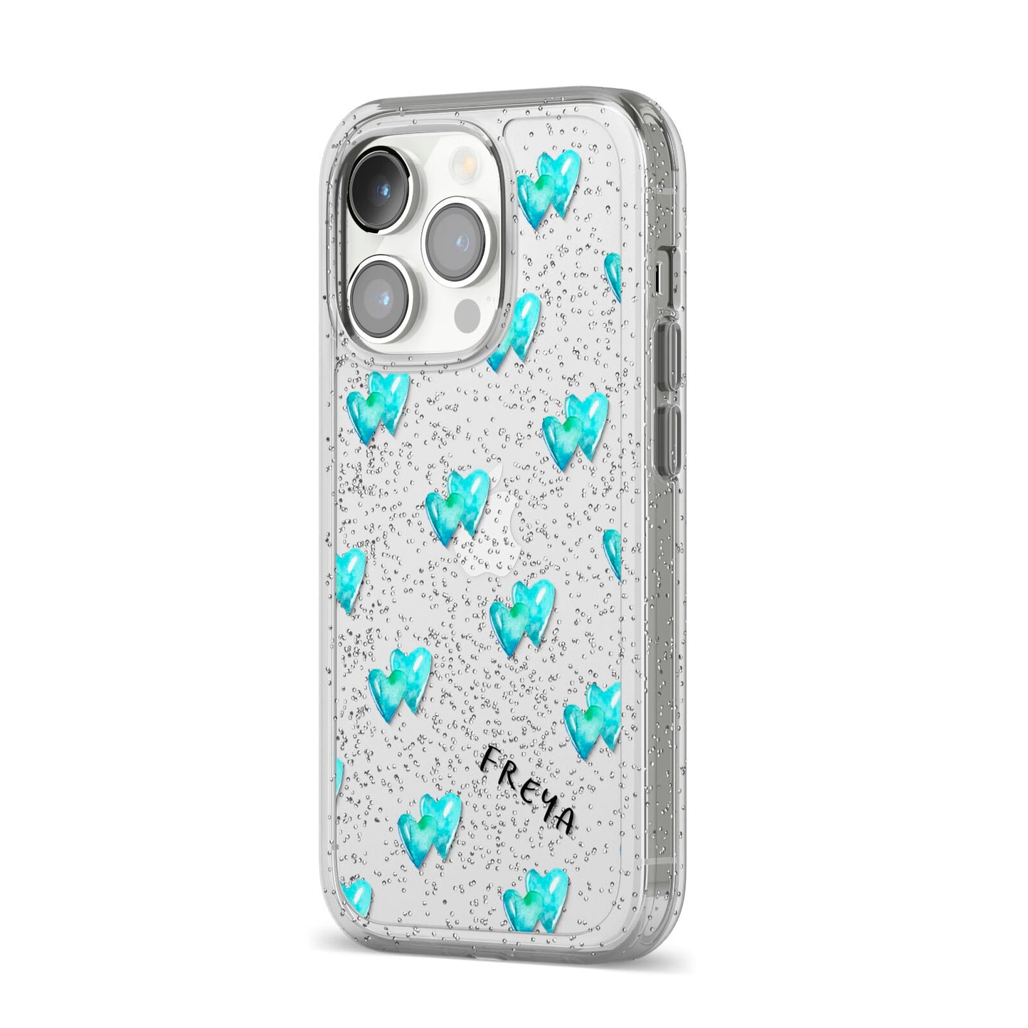 Personalised Blue Hearts iPhone 14 Pro Glitter Tough Case Silver Angled Image