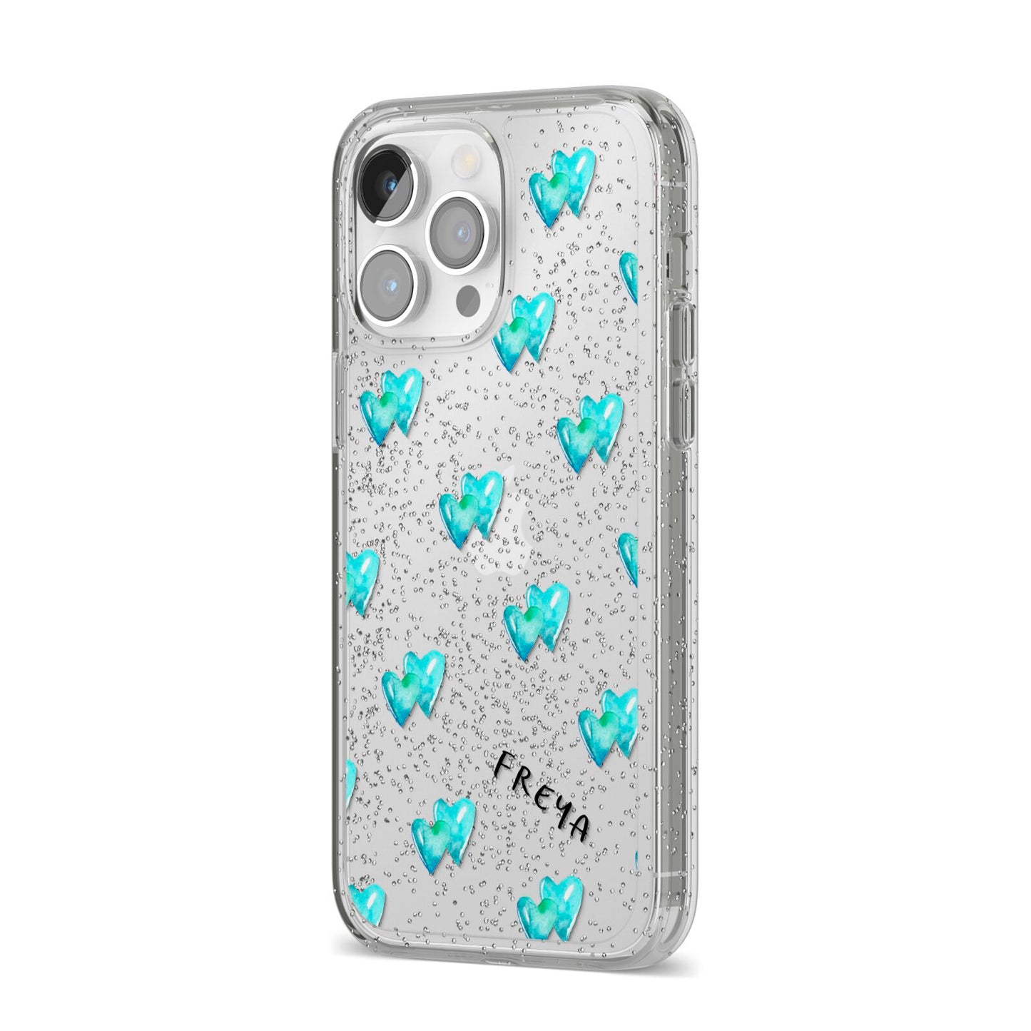 Personalised Blue Hearts iPhone 14 Pro Max Glitter Tough Case Silver Angled Image