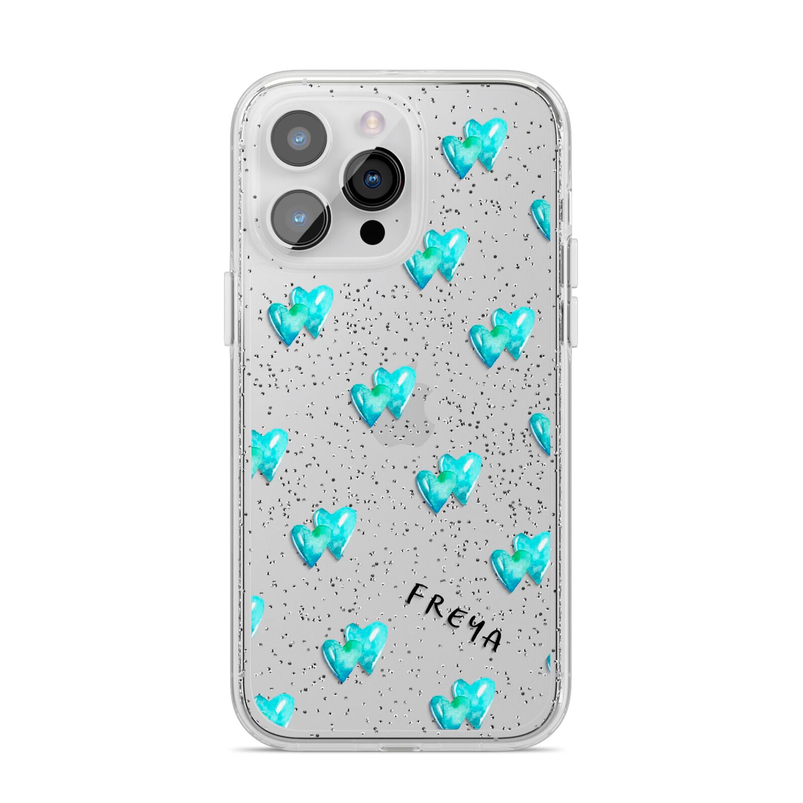 Personalised Blue Hearts iPhone 14 Pro Max Glitter Tough Case Silver