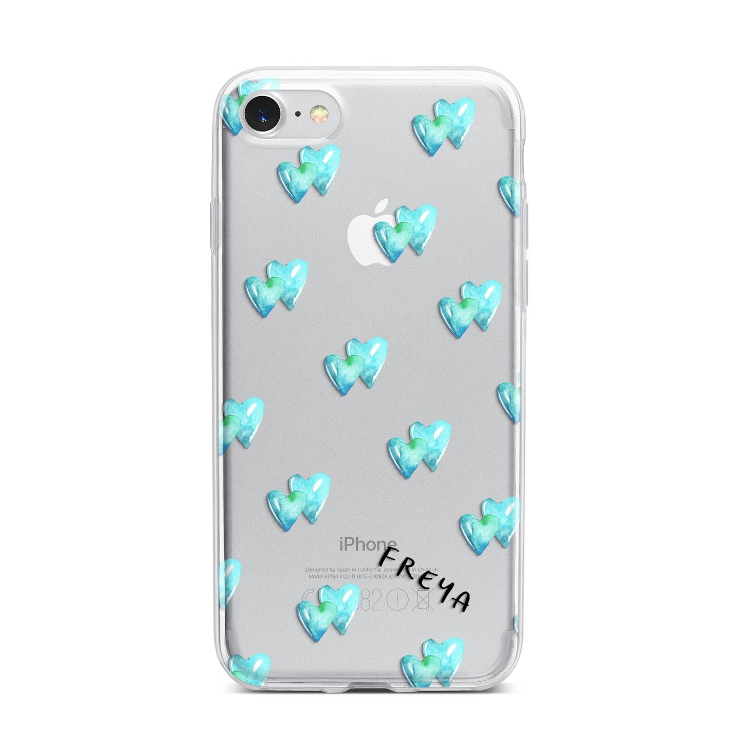 Personalised Blue Hearts iPhone 7 Bumper Case on Silver iPhone