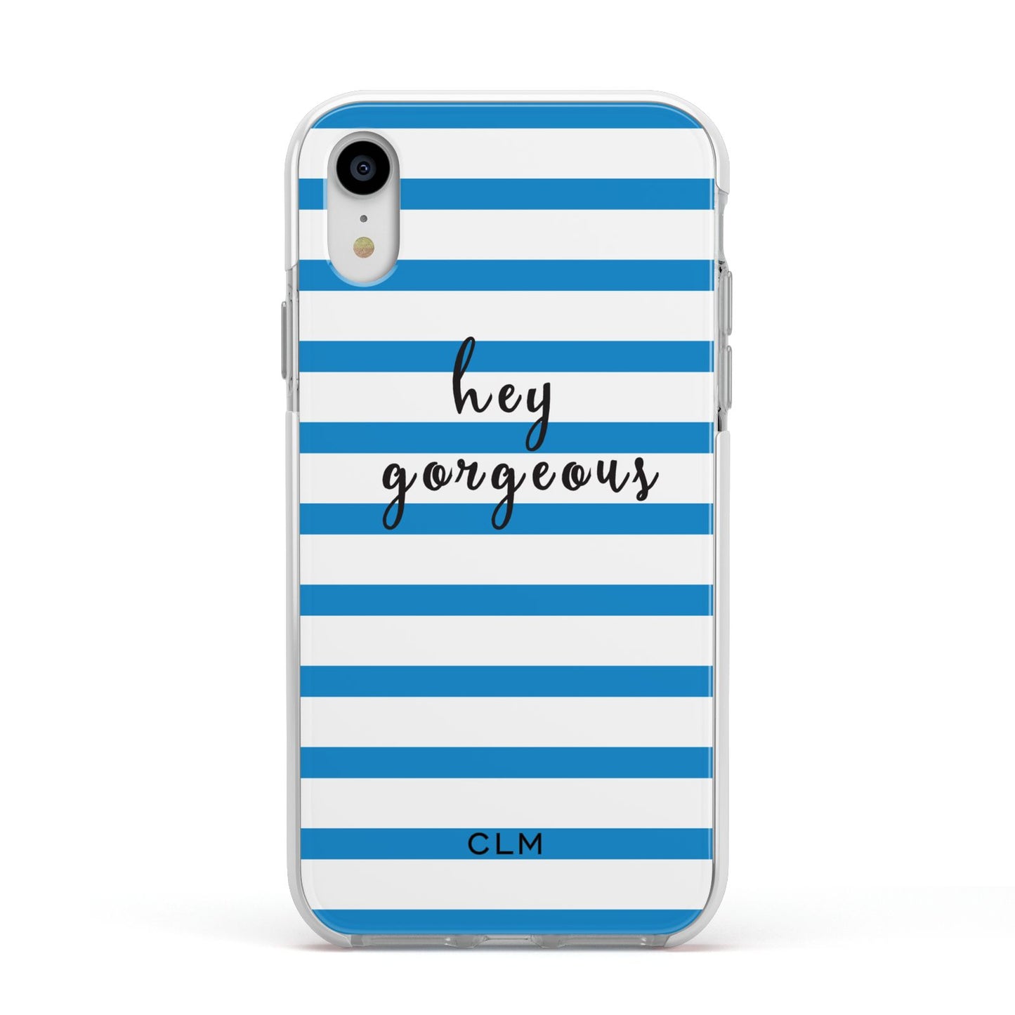 Personalised Blue Hey Gorgeous Apple iPhone XR Impact Case White Edge on Silver Phone