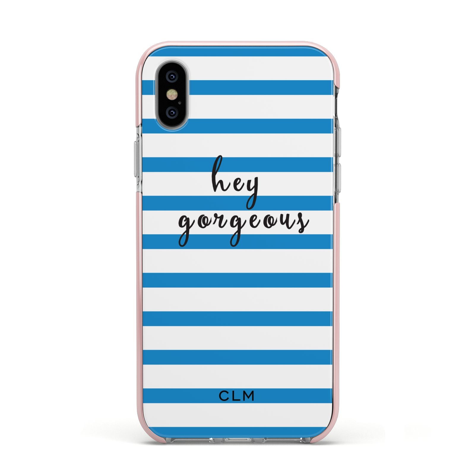 Personalised Blue Hey Gorgeous Apple iPhone Xs Impact Case Pink Edge on Silver Phone