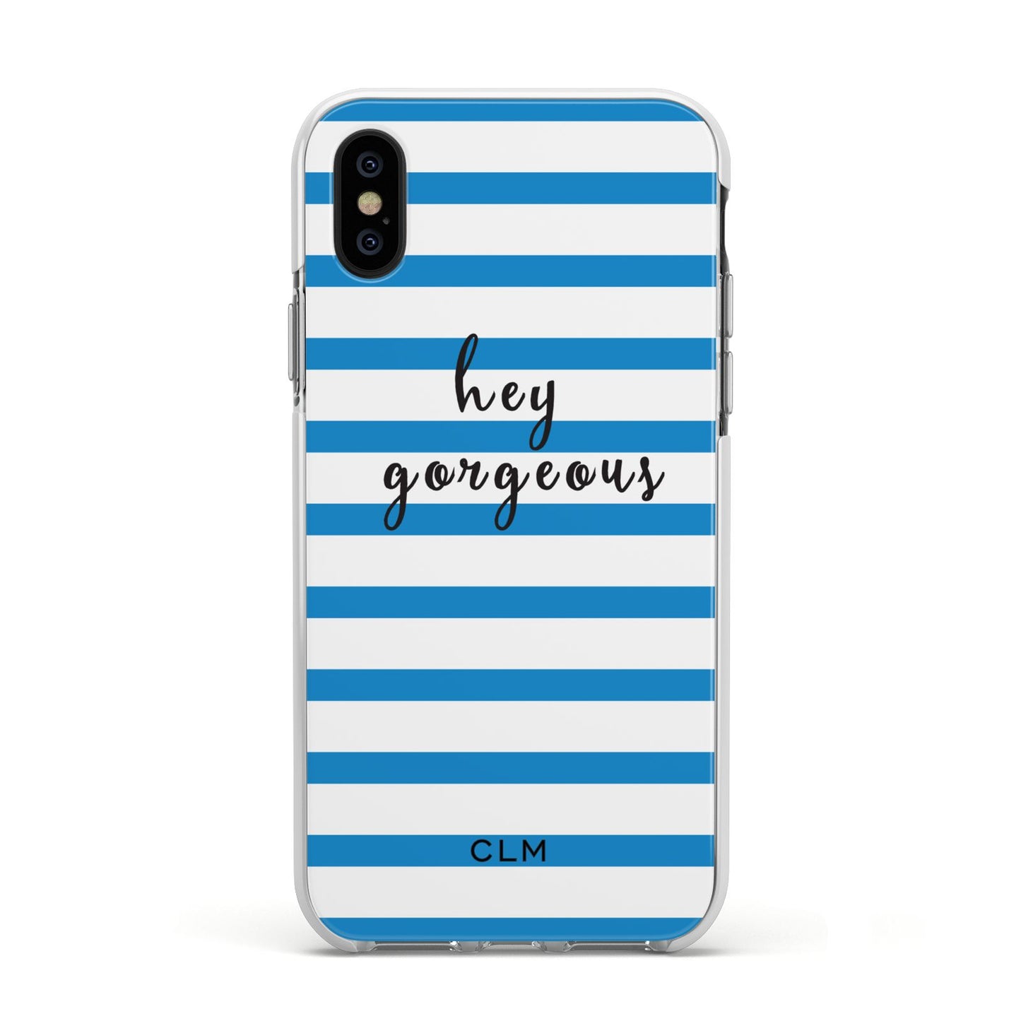 Personalised Blue Hey Gorgeous Apple iPhone Xs Impact Case White Edge on Black Phone