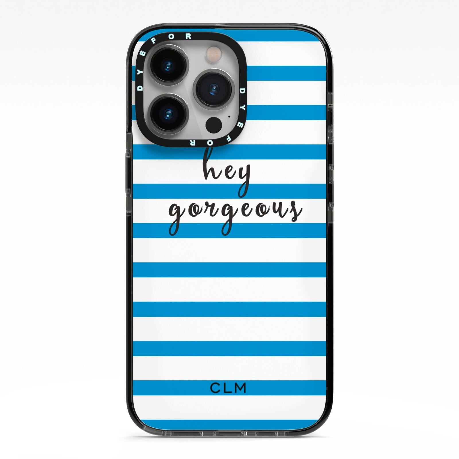 Personalised Blue Hey Gorgeous iPhone 13 Pro Black Impact Case on Silver phone