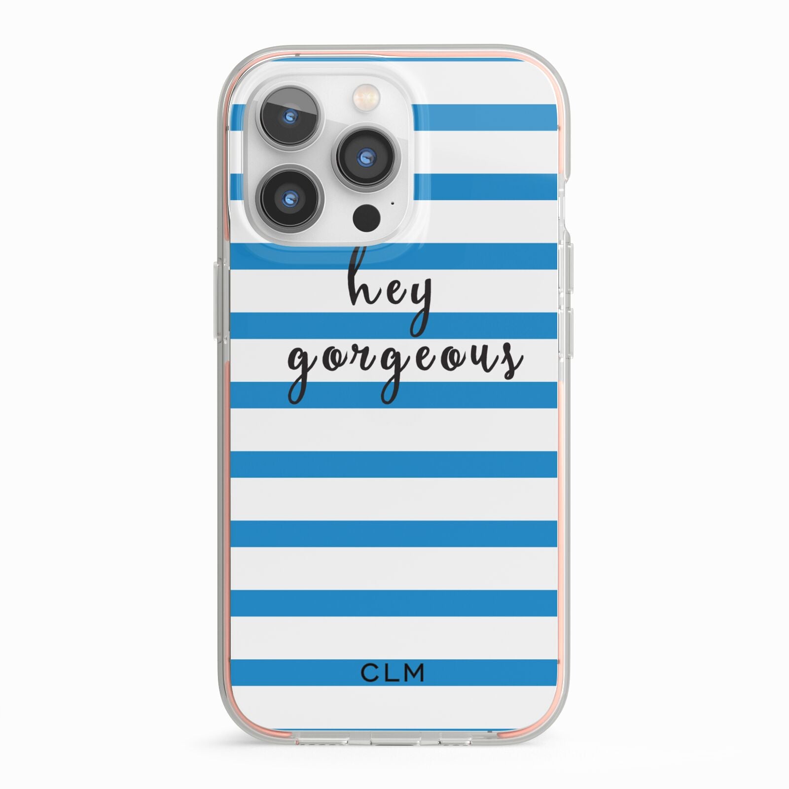 Personalised Blue Hey Gorgeous iPhone 13 Pro TPU Impact Case with Pink Edges