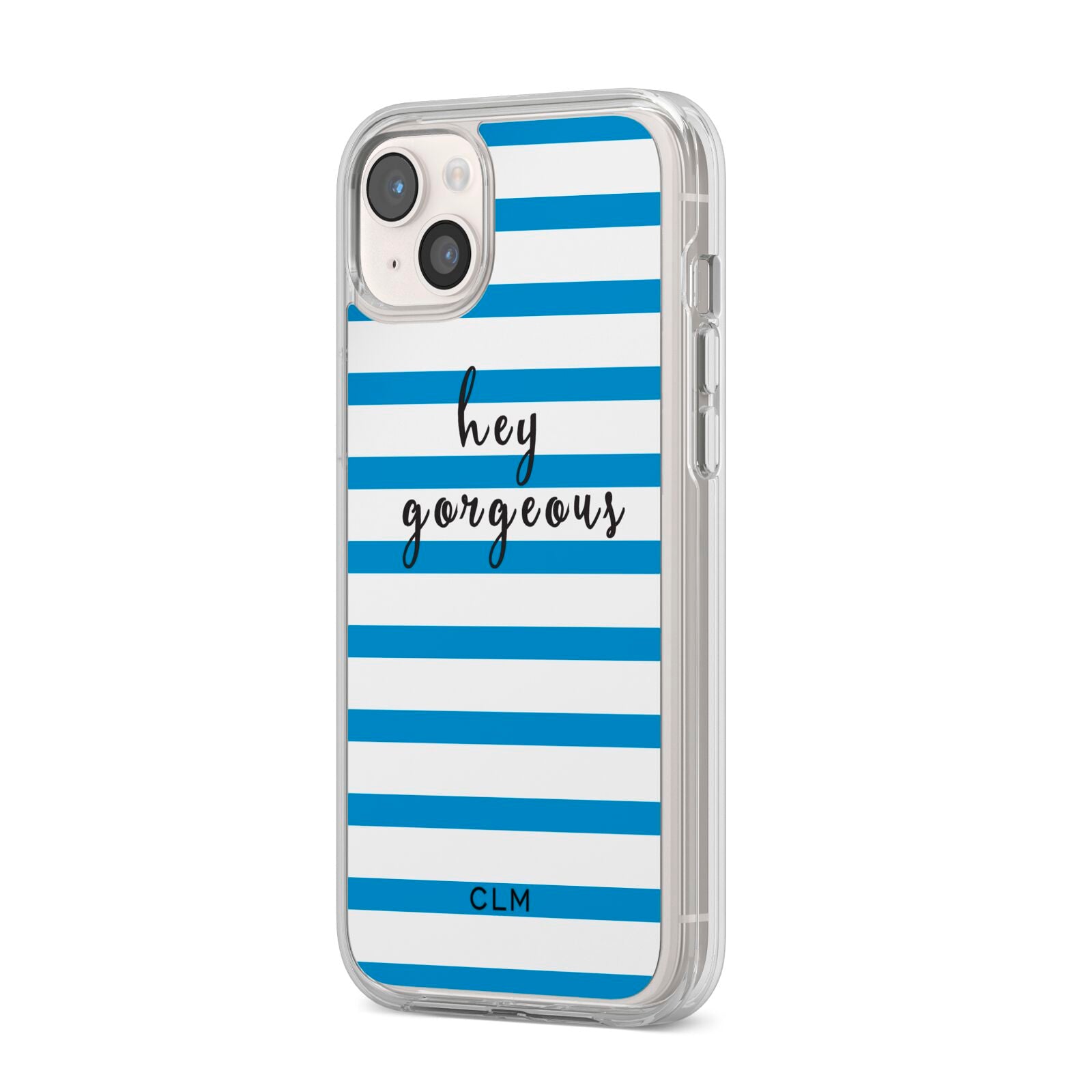 Personalised Blue Hey Gorgeous iPhone 14 Plus Clear Tough Case Starlight Angled Image