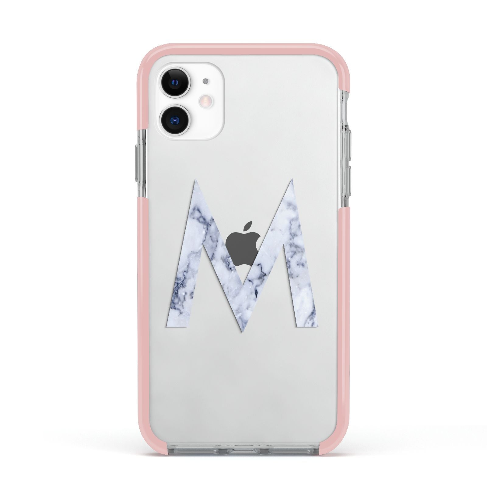 Personalised Blue Marble Initial Clear Custom Apple iPhone 11 in White with Pink Impact Case