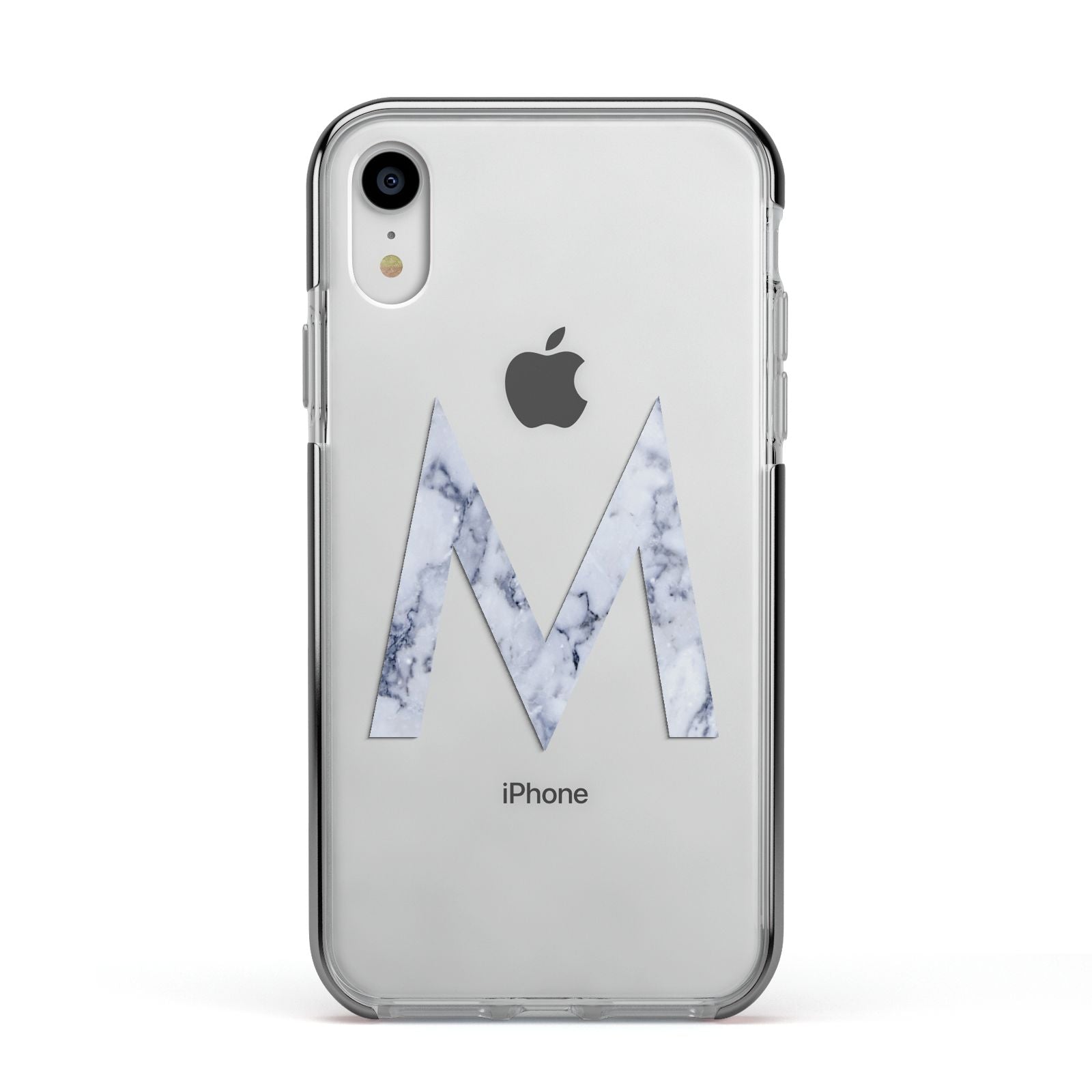 Personalised Blue Marble Initial Clear Custom Apple iPhone XR Impact Case Black Edge on Silver Phone