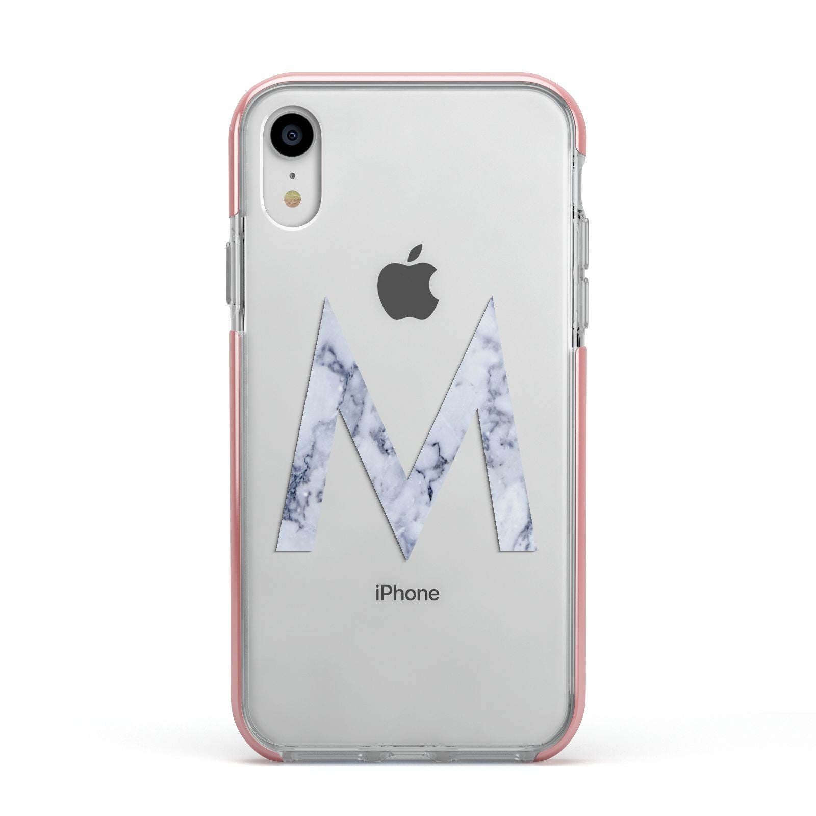 Personalised Blue Marble Initial Clear Custom Apple iPhone XR Impact Case Pink Edge on Silver Phone