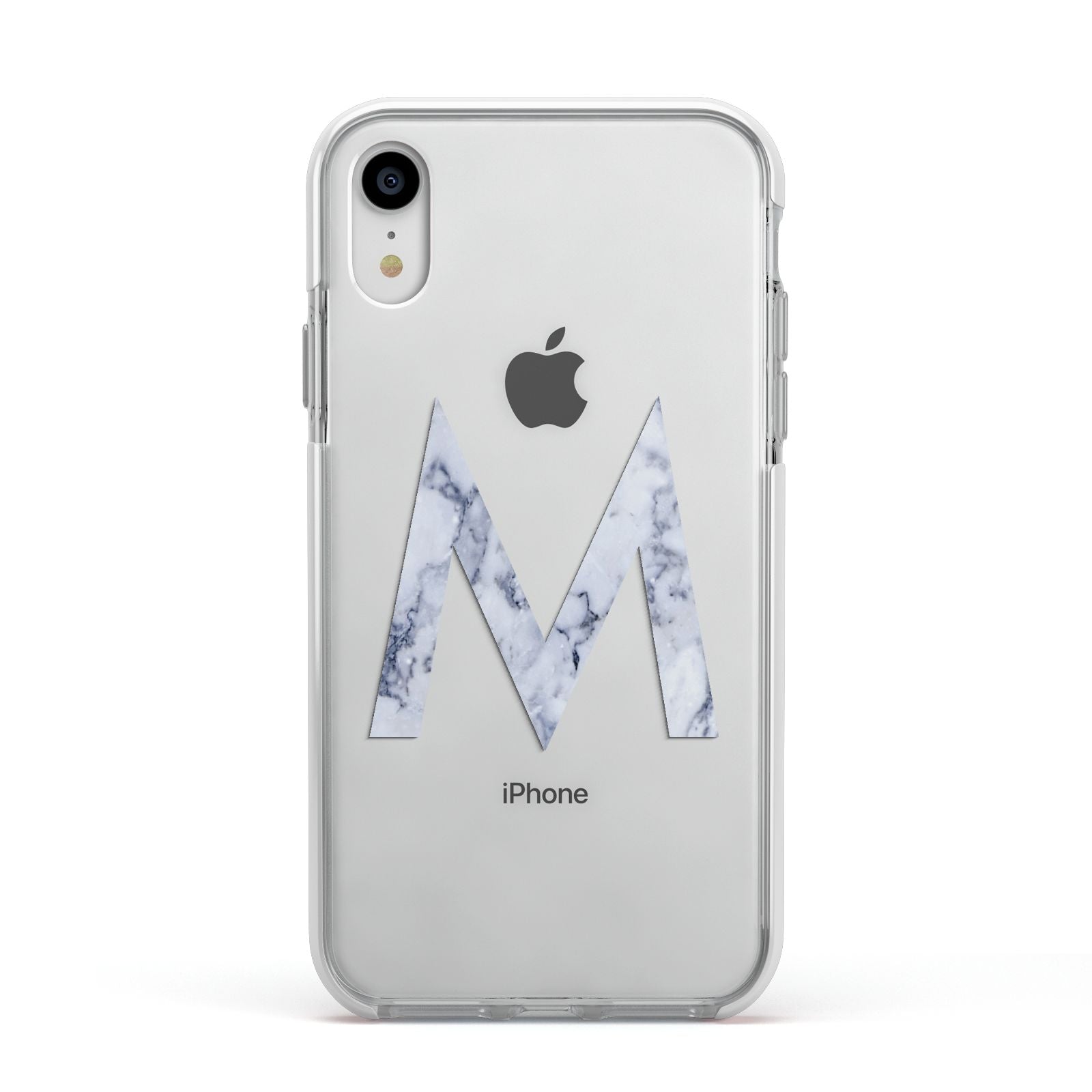 Personalised Blue Marble Initial Clear Custom Apple iPhone XR Impact Case White Edge on Silver Phone