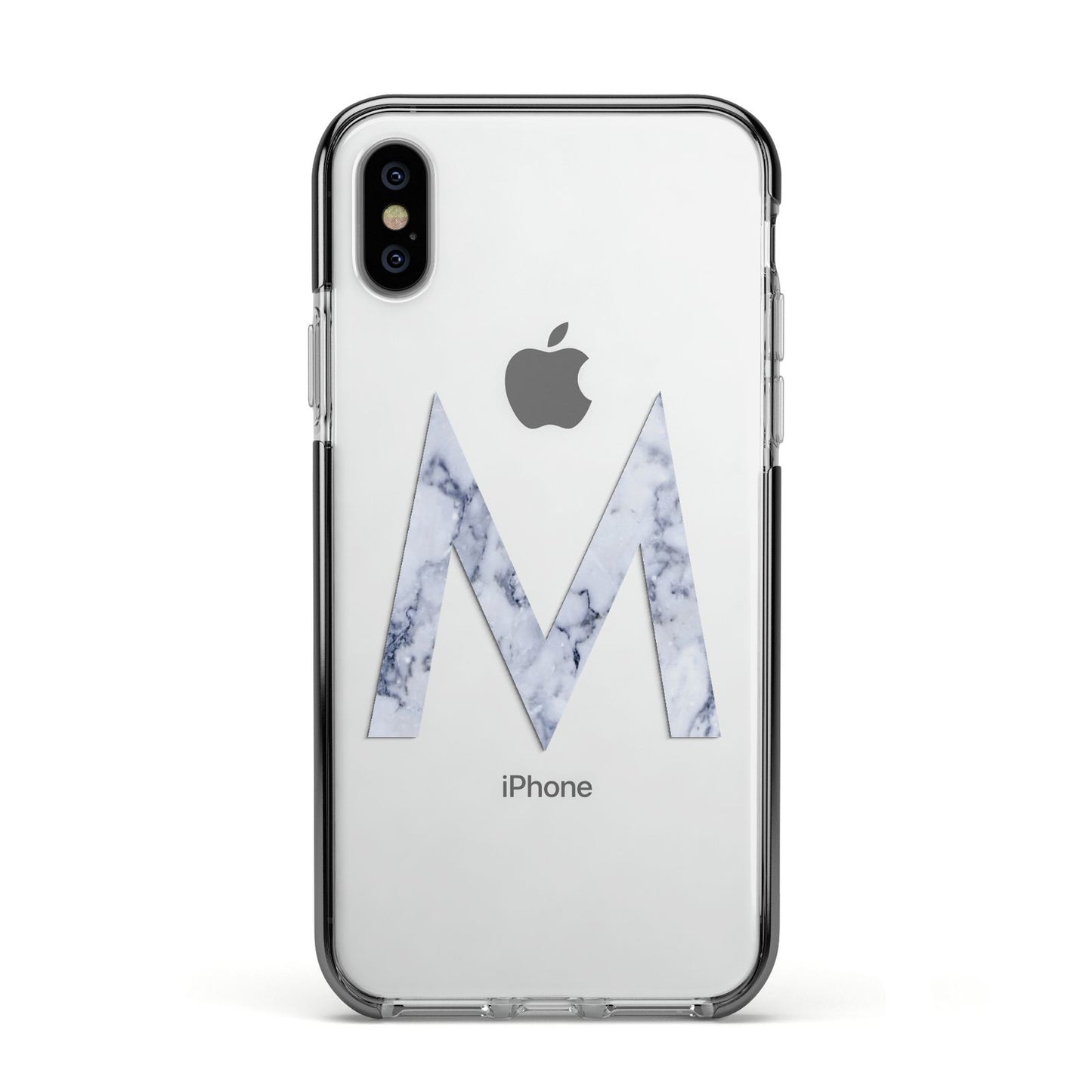 Personalised Blue Marble Initial Clear Custom Apple iPhone Xs Impact Case Black Edge on Silver Phone