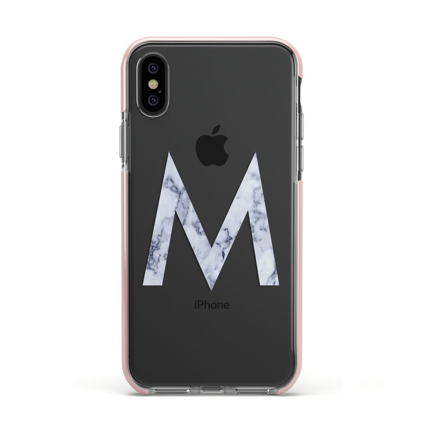 Personalised Blue Marble Initial Clear Custom Apple iPhone Xs Impact Case Pink Edge on Black Phone