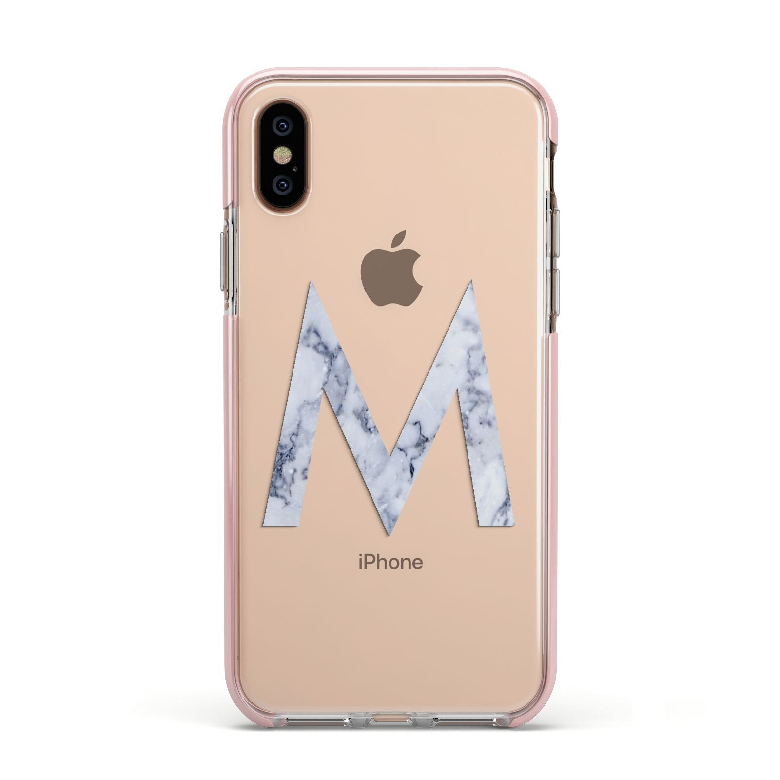 Personalised Blue Marble Initial Clear Custom Apple iPhone Xs Impact Case Pink Edge on Gold Phone