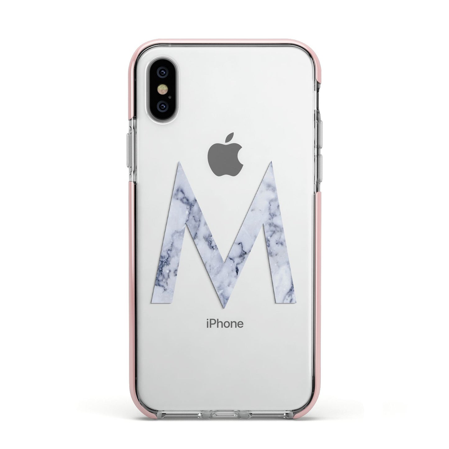 Personalised Blue Marble Initial Clear Custom Apple iPhone Xs Impact Case Pink Edge on Silver Phone