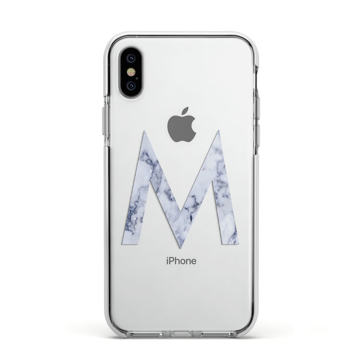 Personalised Blue Marble Initial Clear Custom Apple iPhone Xs Impact Case White Edge on Silver Phone