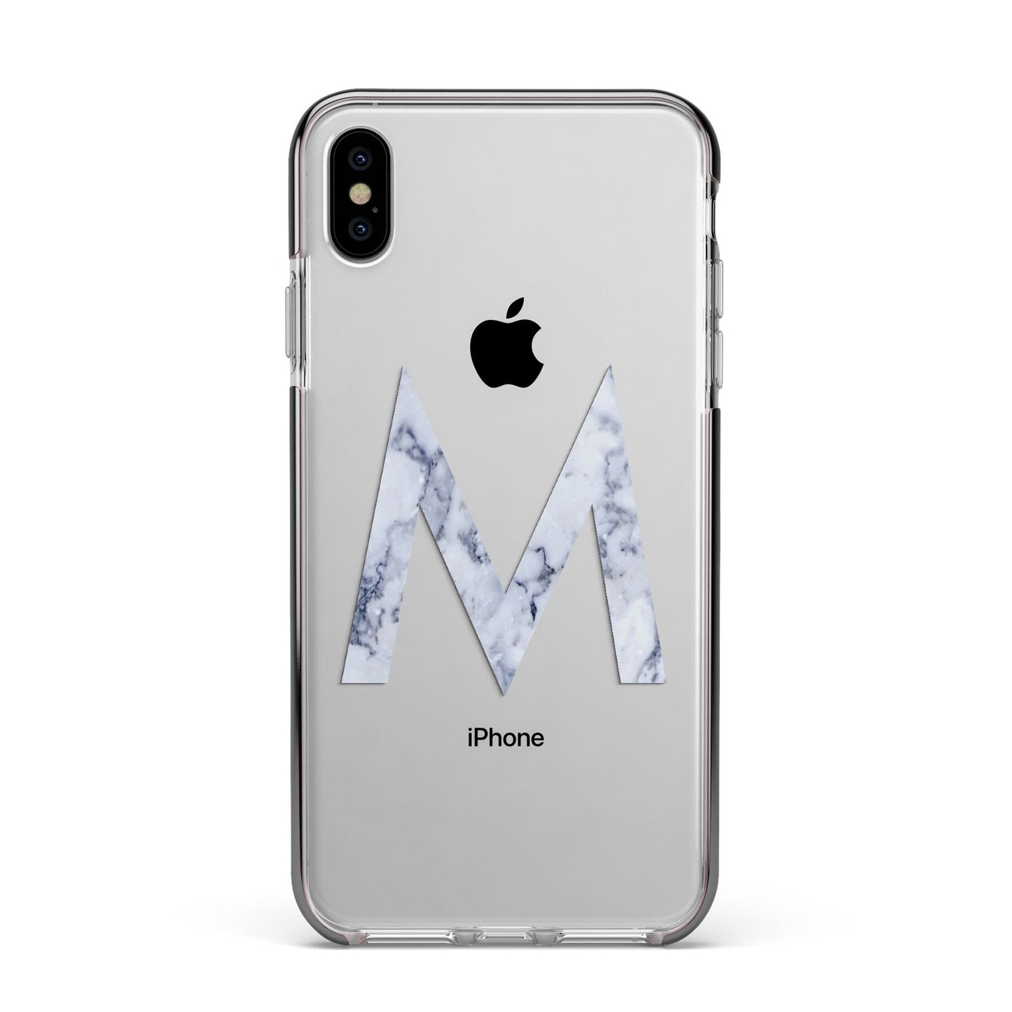 Personalised Blue Marble Initial Clear Custom Apple iPhone Xs Max Impact Case Black Edge on Silver Phone