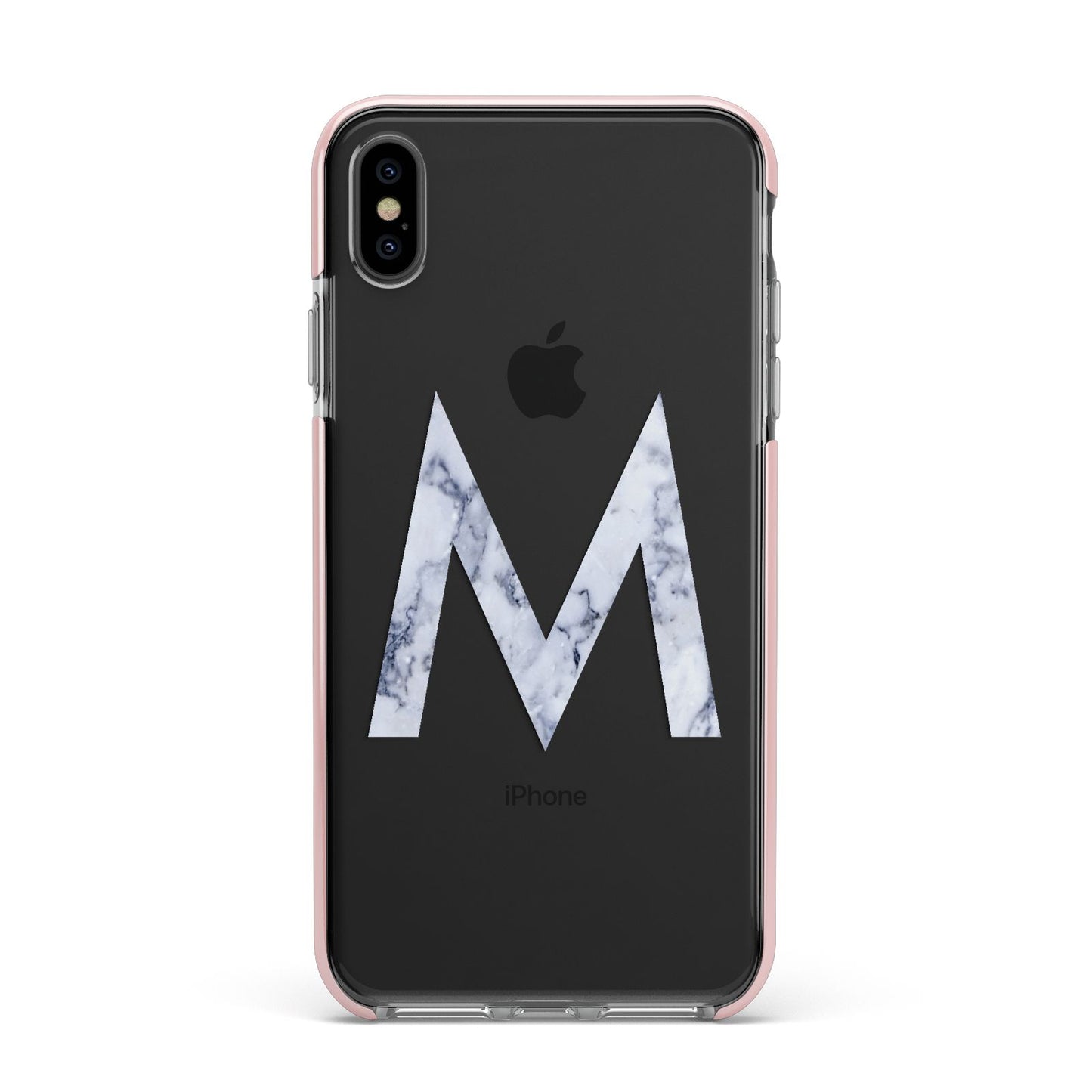 Personalised Blue Marble Initial Clear Custom Apple iPhone Xs Max Impact Case Pink Edge on Black Phone