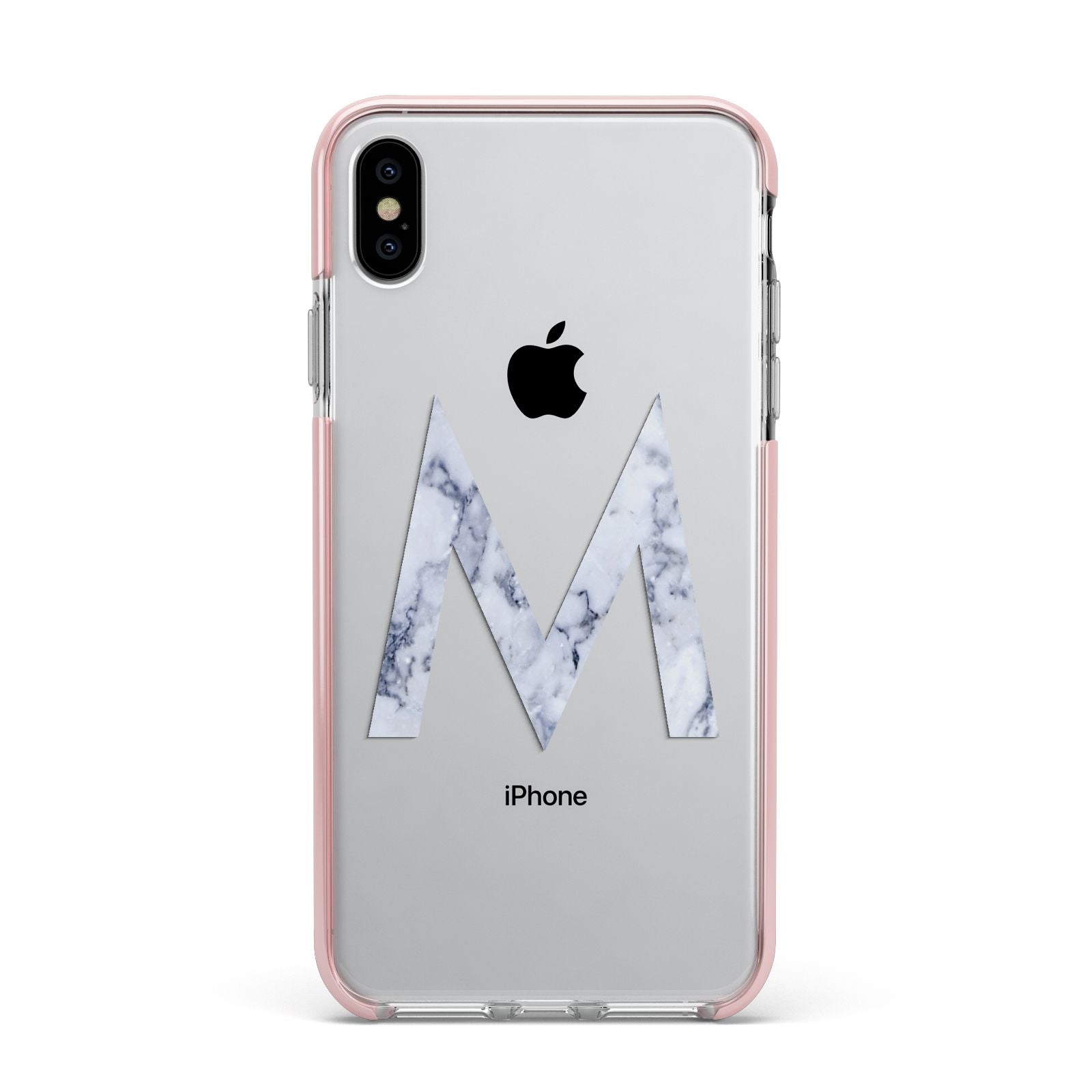 Personalised Blue Marble Initial Clear Custom Apple iPhone Xs Max Impact Case Pink Edge on Silver Phone