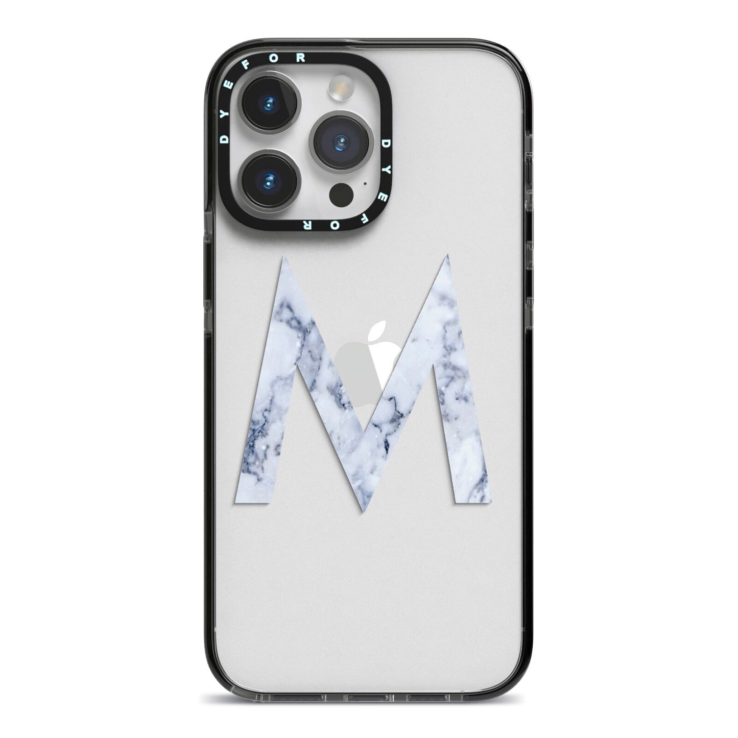 Personalised Blue Marble Initial Clear Custom iPhone 14 Pro Max Black Impact Case on Silver phone