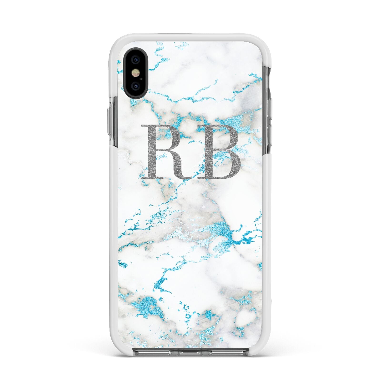 Personalised Blue Marble Initials Apple iPhone Xs Max Impact Case White Edge on Black Phone