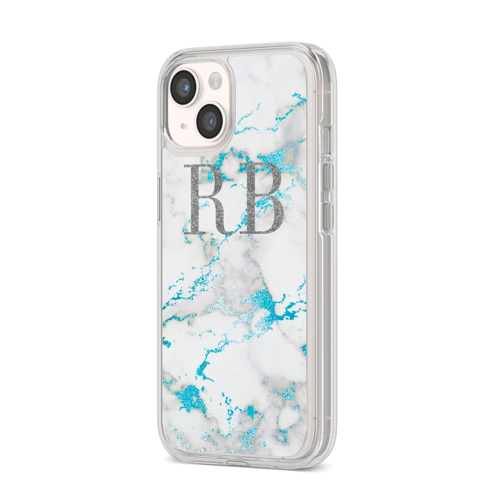 Personalised Blue Marble Initials iPhone 14 Clear Tough Case Starlight Angled Image