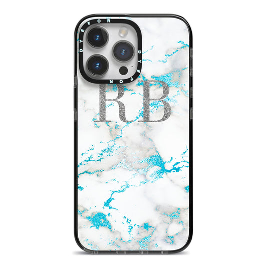 Personalised Blue Marble Initials iPhone 14 Pro Max Black Impact Case on Silver phone