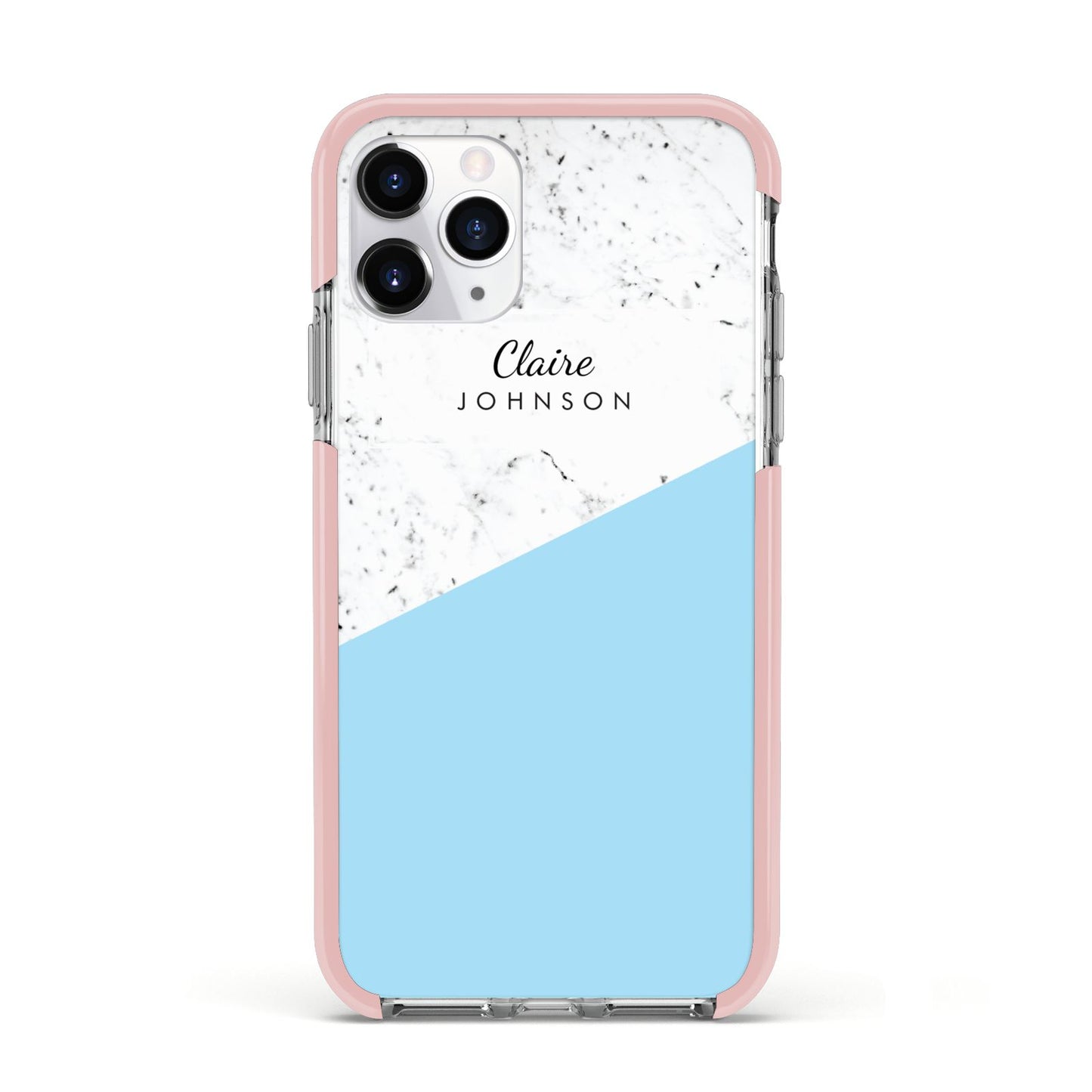 Personalised Blue Marble With Name Initials Apple iPhone 11 Pro in Silver with Pink Impact Case